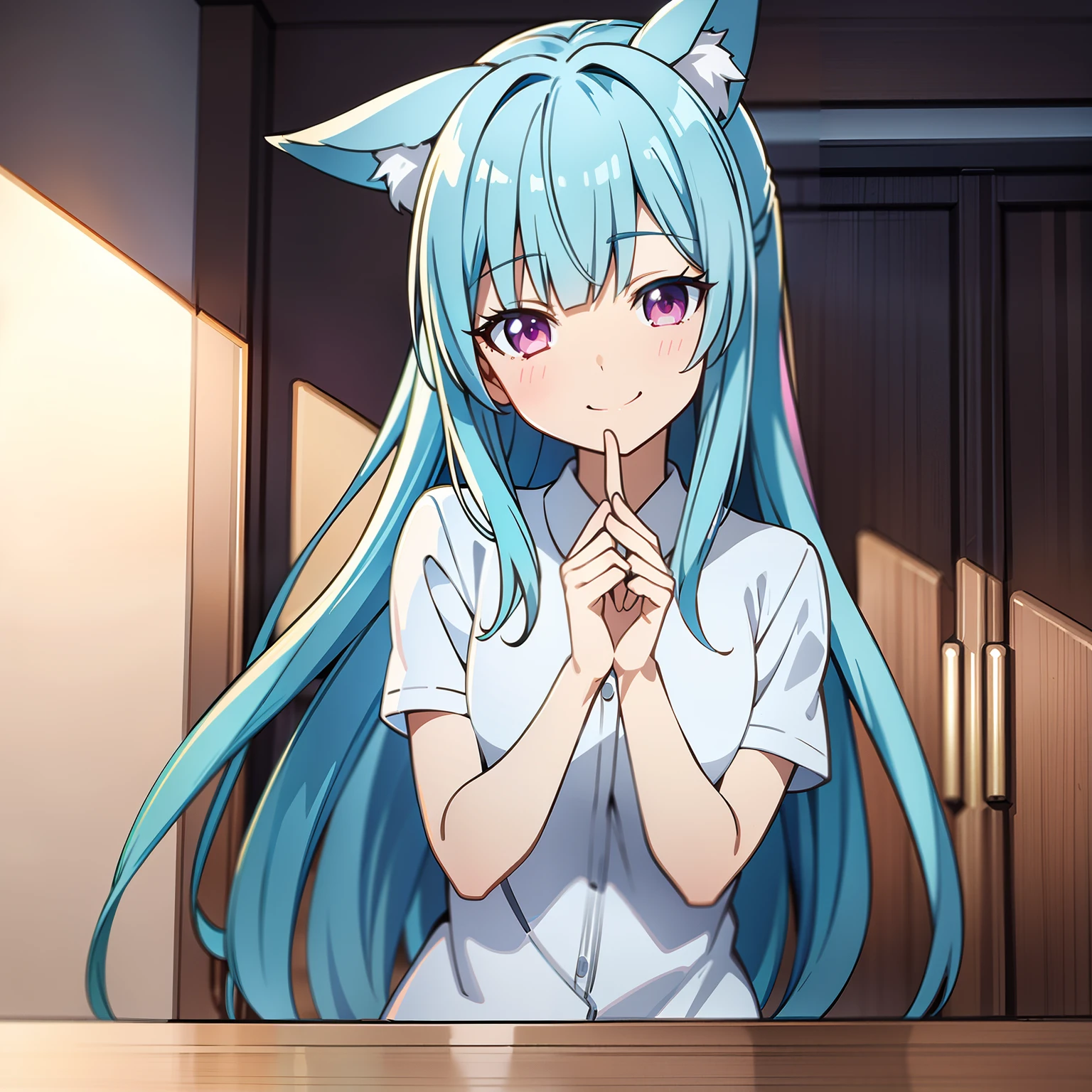 Masterpiece, Best quality, 8K, 1girll, Solo, delicate hand, Blue hair, Blue fox ears, Pink eyes, Left eye monocular patch, Cute, Smile