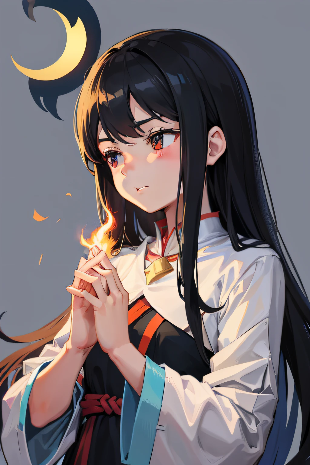 jaidenanimations, flat anime style shading,The angelic long-haired girl clasped her hands together,Beautiful fingers,Holding a half-moon flame,His lips closed slightly