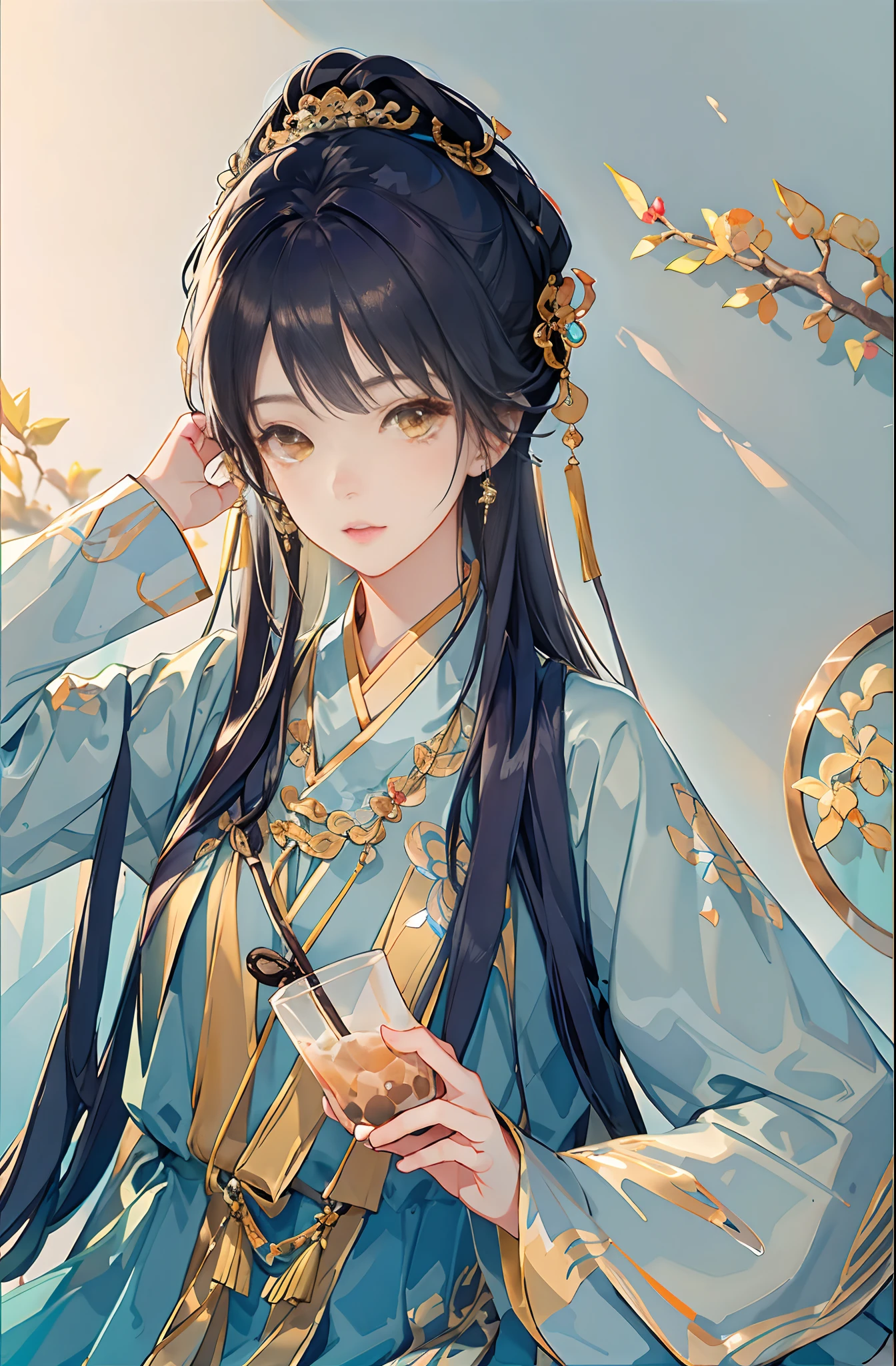 Best quality at best,Complicated details,A high resolution,(beautiful detailed water:1.4),(Hanfu,Tang Feng),Yellow eyes,(Girl in a glass jar:1.1),drinking milktea