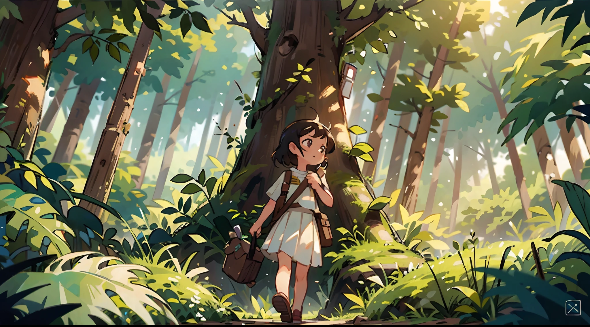 Masterpiece, summer, a girl, short white skirt, heading to the depths of the forest, greenery, forest, freshness