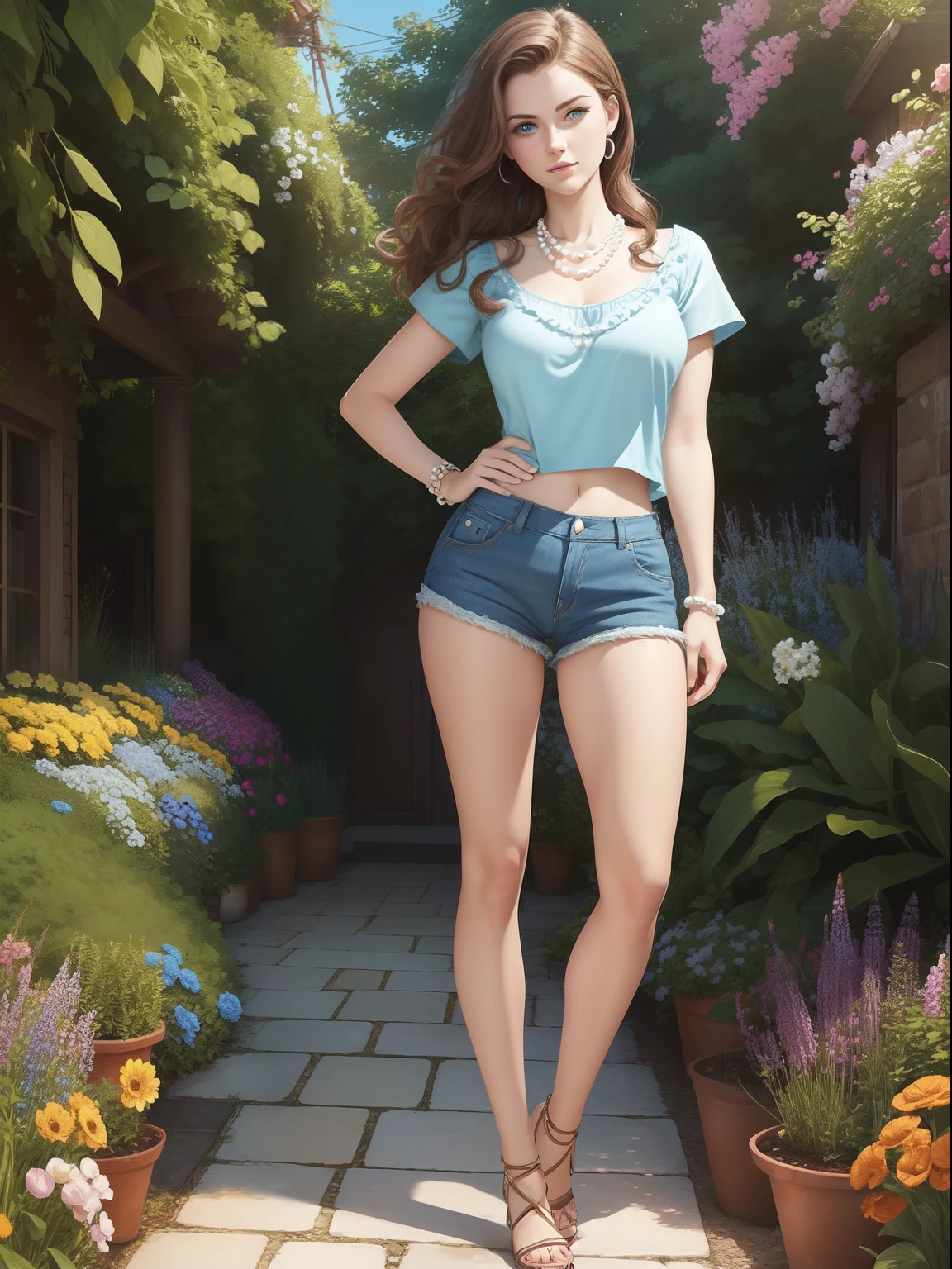 (((full body)))a realistic cartoon illustration of a woman is wearing jean shorts and a top showing her navel . The woman has blue eyes and brown hair styled in a vintage style. She is wearing a pearl necklace. the background is garden 😊