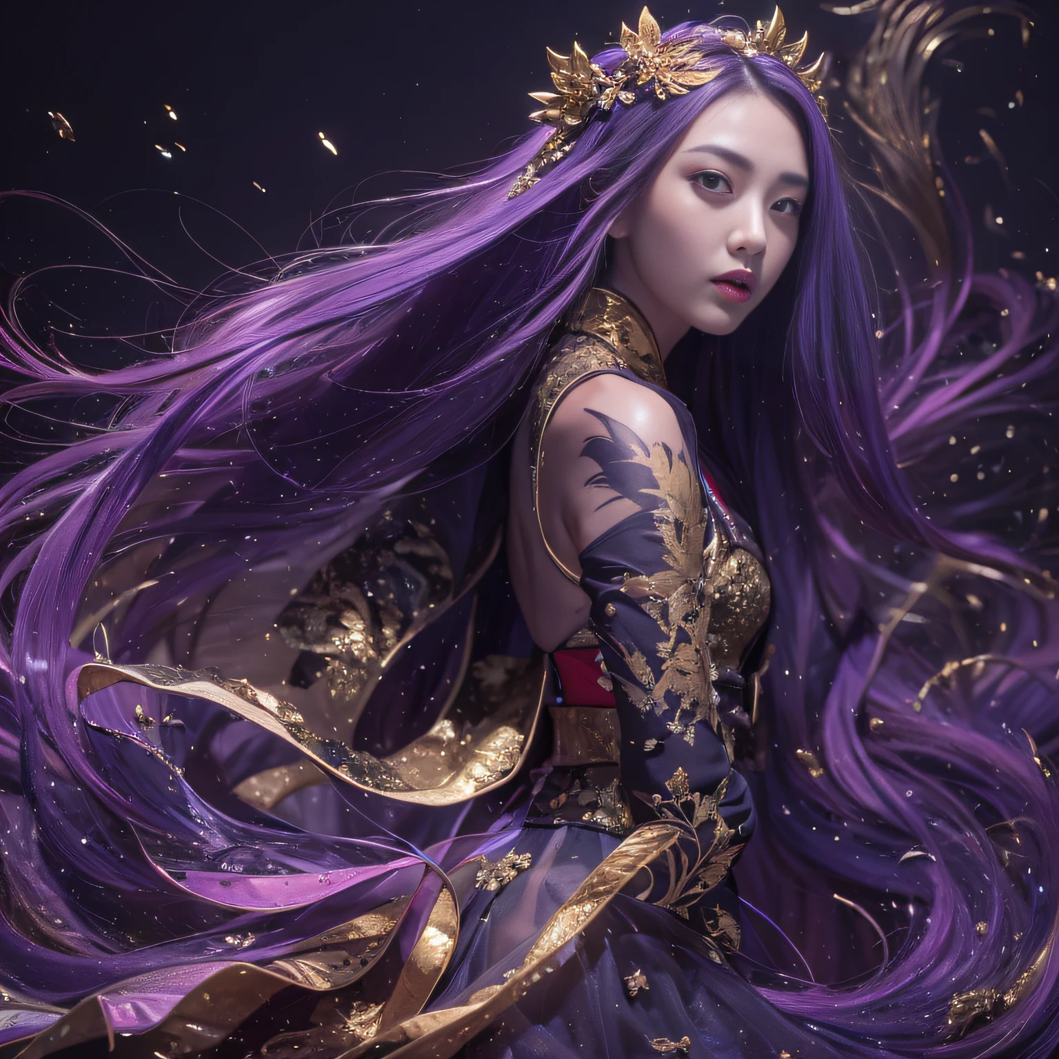 32K（tmasterpiece，k hd，hyper HD，32K）Long flowing bright purple hair，Autumn Pond，zydink， a color，  Asian people （Silly girl）， （Silk scarf）， Combat posture， looking at the ground， long whitr hair， Floating bright purple， Fire cloud pattern gold tiara， Chinese long-sleeved gold silk garment， （abstract ink splash：1.2）， white backgrounid，Lotus protector（realisticlying：1.4），Bright purple hair，Smoke on the road，The background is pure， A high resolution， the detail， RAW photogr， Sharp Re， Nikon D850 Film Stock Photo by Jefferies Lee 4 Kodak Portra 400 Camera F1.6 shots, Rich colors, ultra-realistic vivid textures, Dramatic lighting, Unreal Engine Art Station Trend, cinestir 800，Long flowing bright purple hair