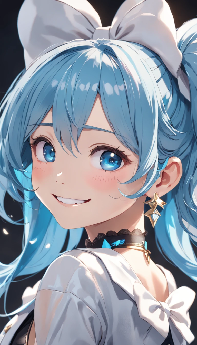 light blue hair, hair bow, blank eyes, earrings, smile, cowboy shot, Eye-Level Shot, modern, character chart, from below, ray tracing, UHD, best quality, 16k, textured skin, masterpiece
