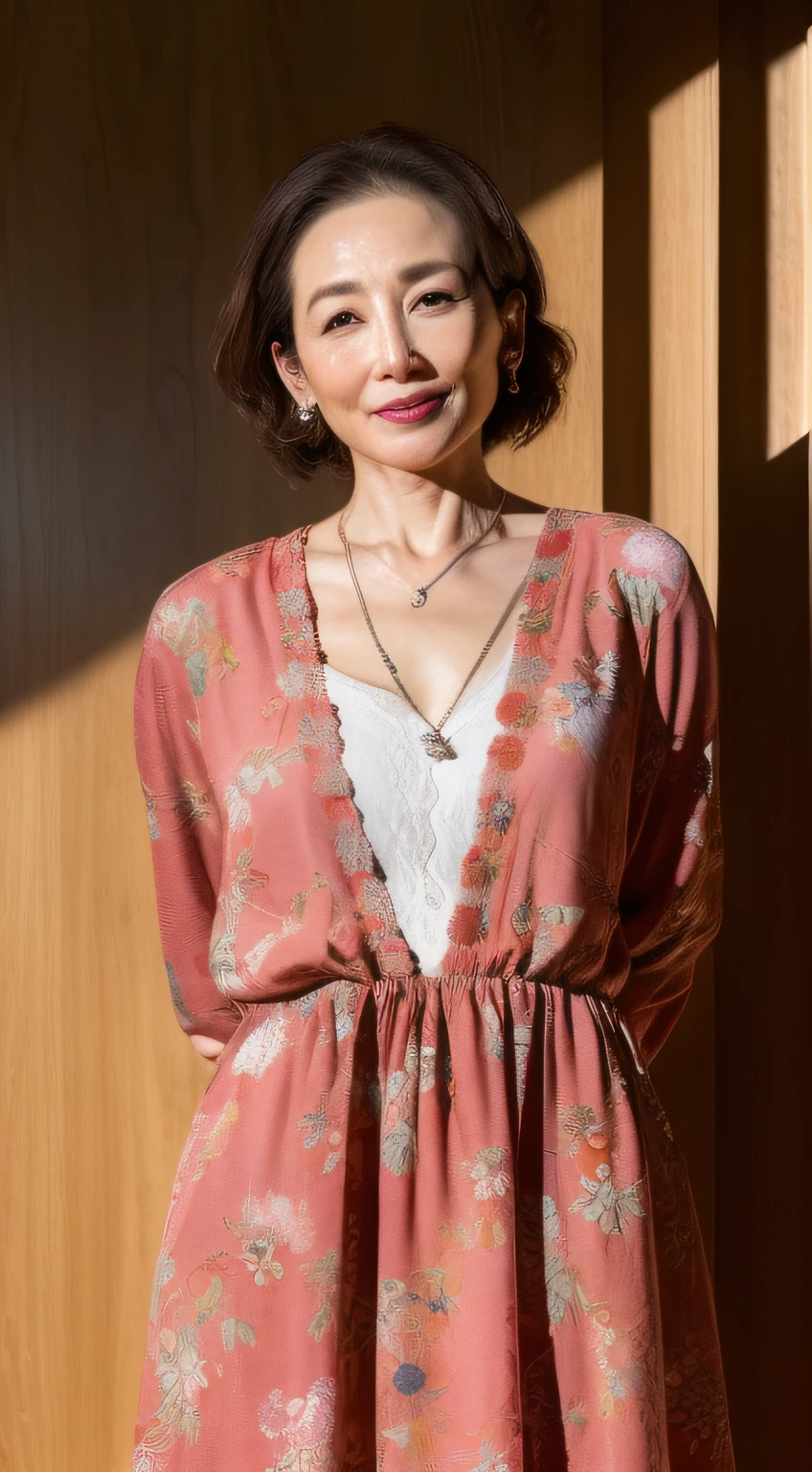 Mature actress, intaglio, Bright environment, (((Sharpen))), (((Hide your hands behind your back))), ultra-realistic realism, {{{masutepiece}}}, {{{Best quality}}}, {{Ultra-detailed}}, {{Extremely Delicately Beautiful}}, Moisturizes eyes, Extremely detailed, ((Natural complexion)), Fancy makeup, lipstick, ((A MILF)), ((Hide your hands behind your back)), A MILF, ((masutepiece)), top-quality, high-level image quality,16 k, (Emphasis on the chest), (A sexy), ((staring at this)), 90 years old,