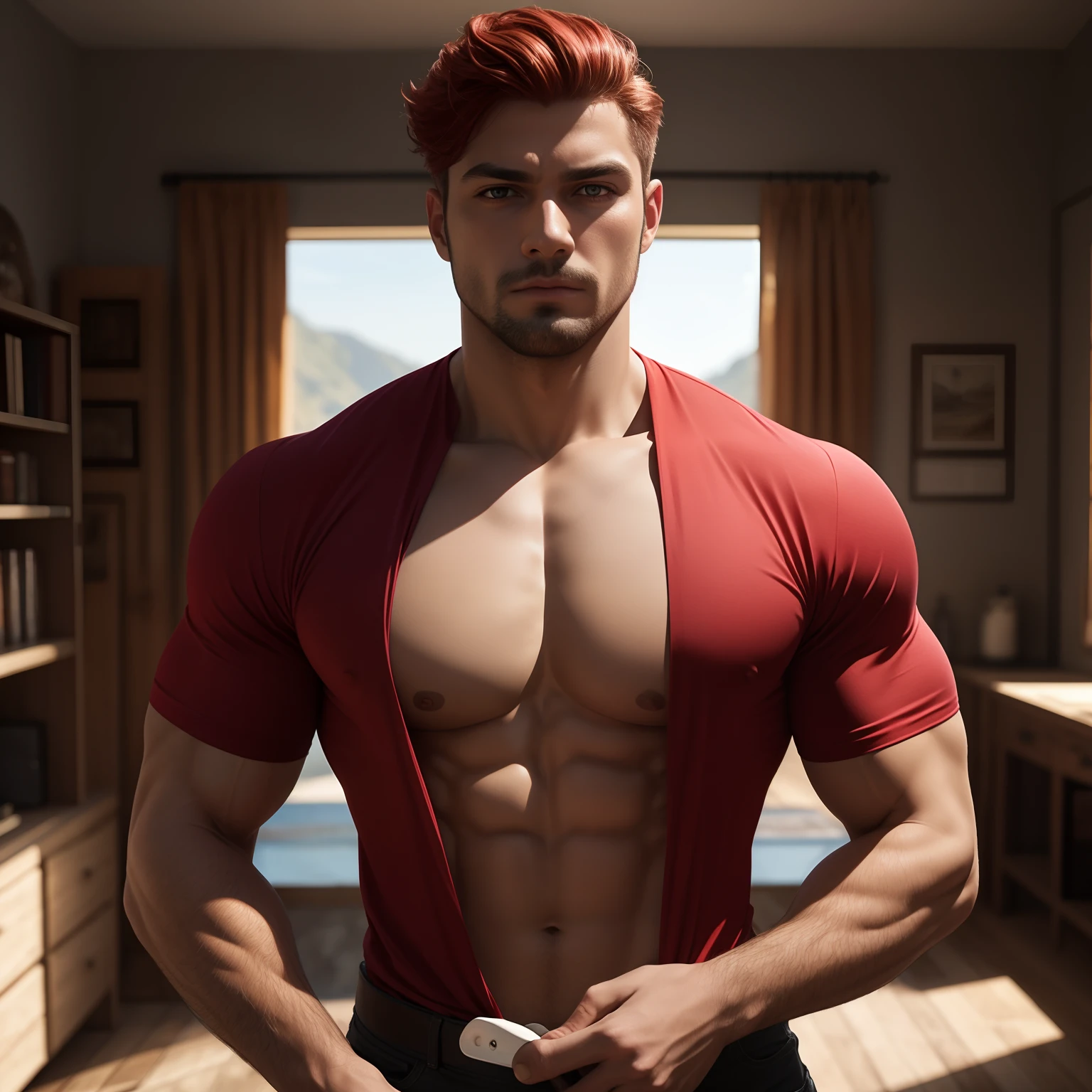 Red man's hair eyes face all details realistic unique appearing all body ultra realistic shirt beautiful strong chest big scenery detailed room