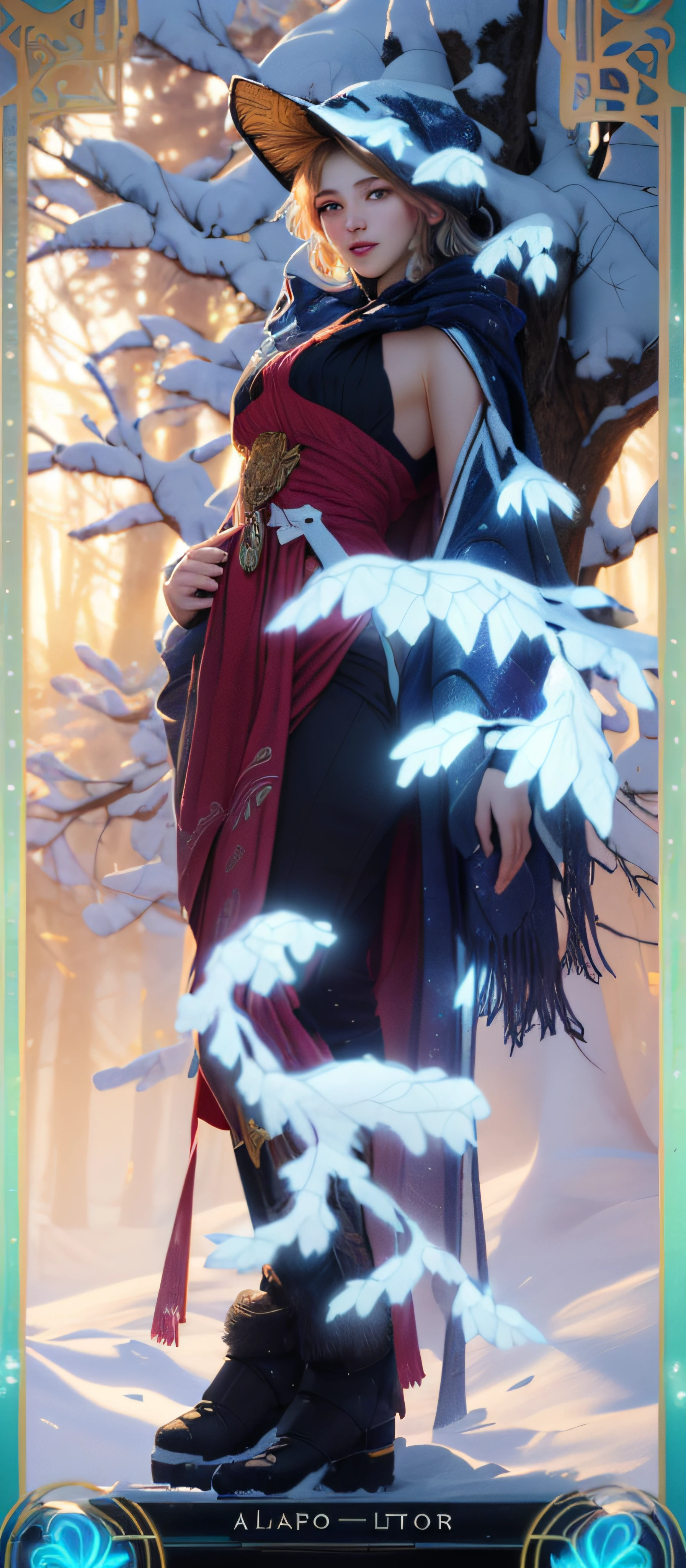 masterpiece, 1girl, (solo), full body, gigantic hanging bust, (swathed in a white blanket, standing in a winter wonderland of snow-covered trees and leaves), (Alphonse Mucha:1.2), Alphonse Mucha art style, photorealistic, ((highly detailed face)), flawless complexion, piercing gaze, regal posture, confident stance, sharp features, (insanely detailed background), volumetric lighting, unreal engine 5, ray tracing, ((insanely vibrant color)), micro details, realistic, 8k, (insanely detailed), (light particles), fractal isometrics details (bioluminescent), V-Ray, full hd - s5000 - uplight - q 3 - stop 80 - w 0.5 - ar