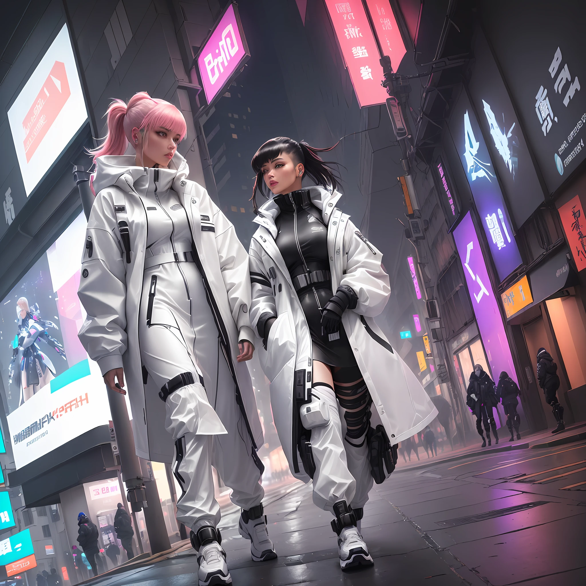 two women in white coats walking down a city street, wearing space techwear, 2 techwear women, cyberpunk streetwear, wearing cyberpunk streetwear, wearing japanese techwear, techwear fashion, in cyberpunk style, muted cyberpunk style, techwear look and clothes, in cyberpunk city, techwear, e-girl, e - girl, futuristic techwear, cyberpunk techwear