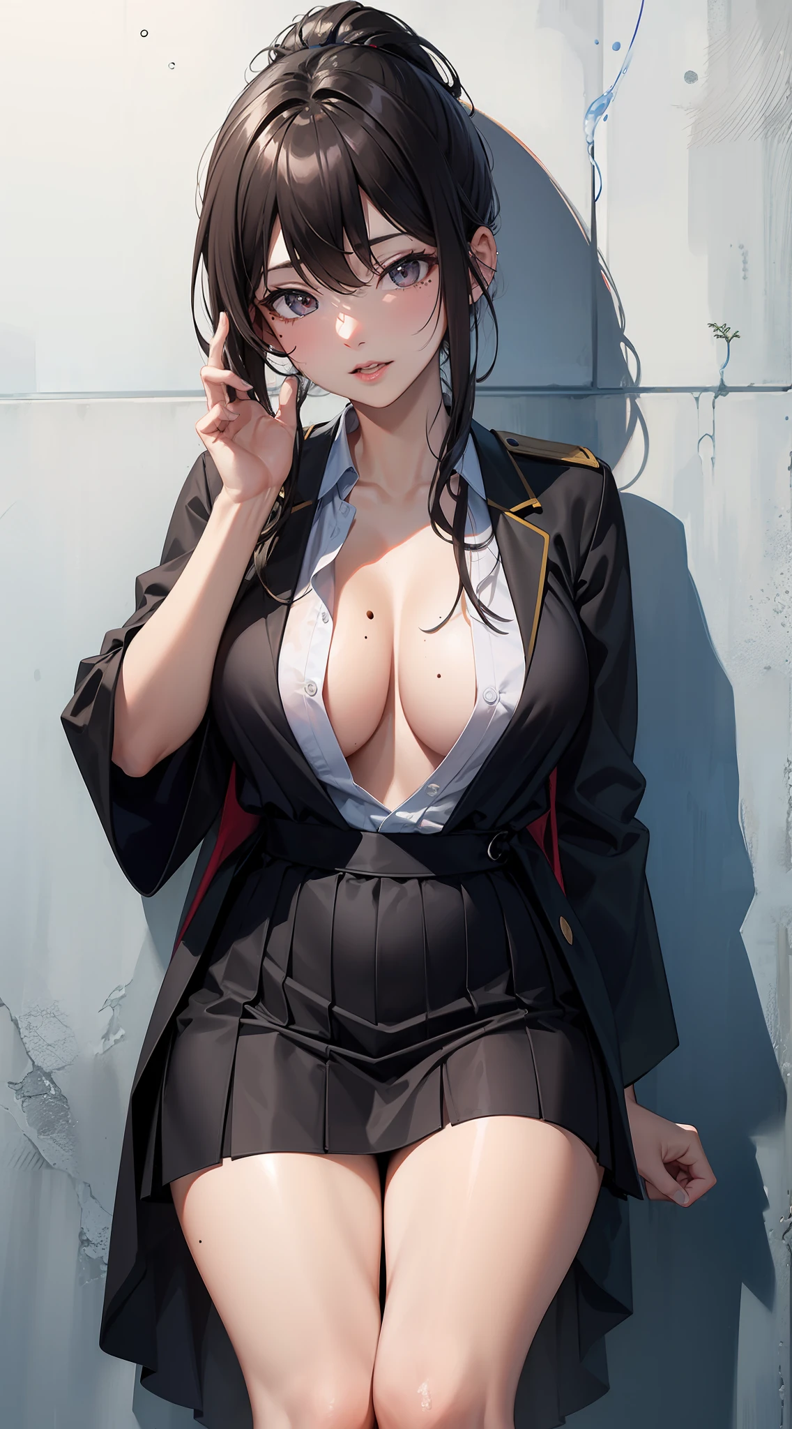 A wife,Single ponytail on the side,Black-brown hair,There is a mole under the left eye,Large, full breasts,Wearing the uniform of a Japanese high school student,Clothes are tight to wear,The skirt is a little out of place,and wear no underwear,Raised ,closeup cleavage,bare-legged,orgasmc,Sperm spillage,Suck your fingers that are filled with sperm,Bend over