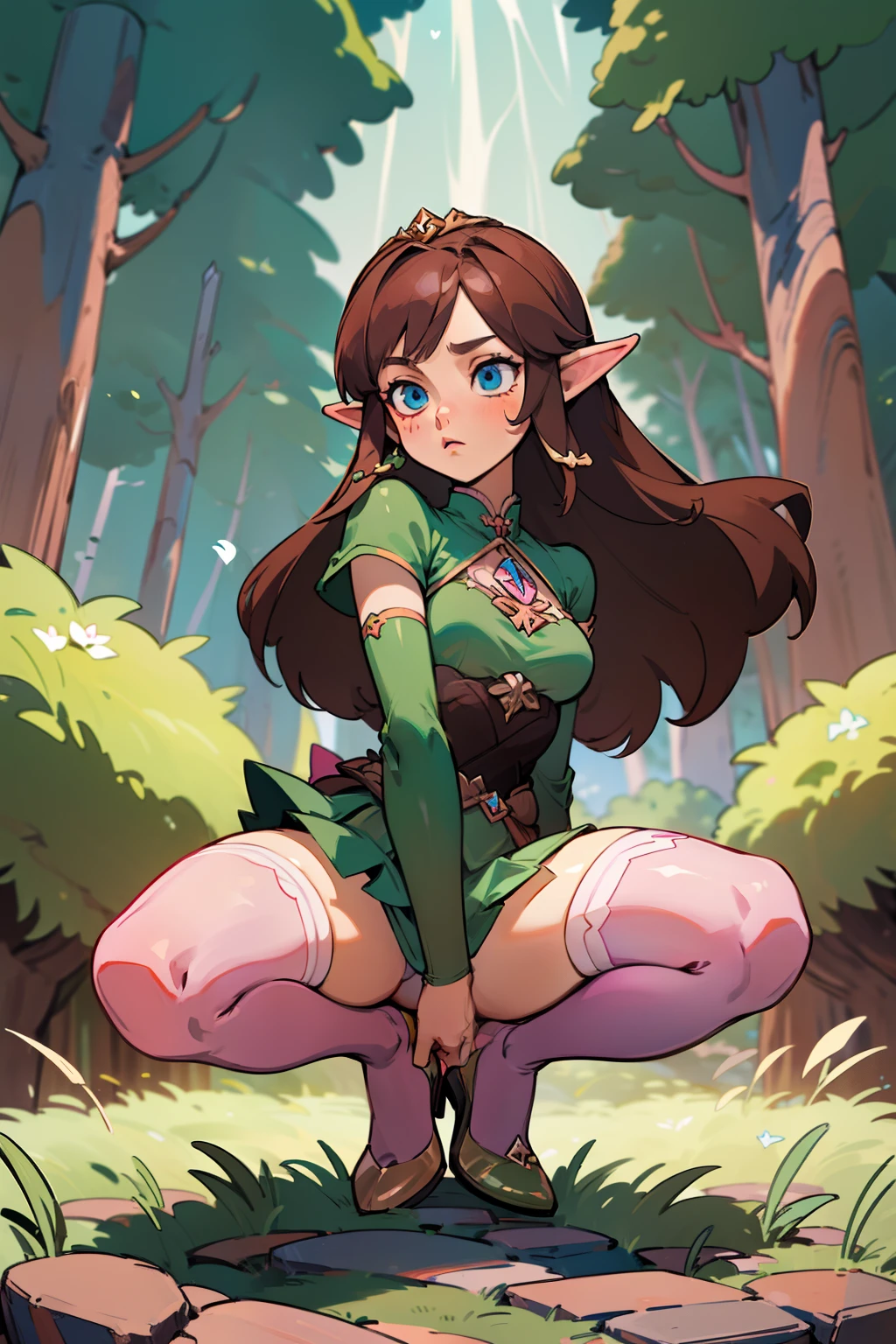 ((masterpiece - artwork - detailed - best quality)) - anime style - genshin impact 1 female style - full body - elf - elf princess - brown hair - long hair - hime cut - blue eyes - weapon - long bow - left hand - medium breasts - green elf bodice - pink mini skirt - crotchless - tight white panties - presenting panties - presenting crotch - exposed - open legs - kirt ups - pink tight thigh high stockings - thick thighs - heels - pumps elf - forest - crouching - stone path - fence - stone - broken