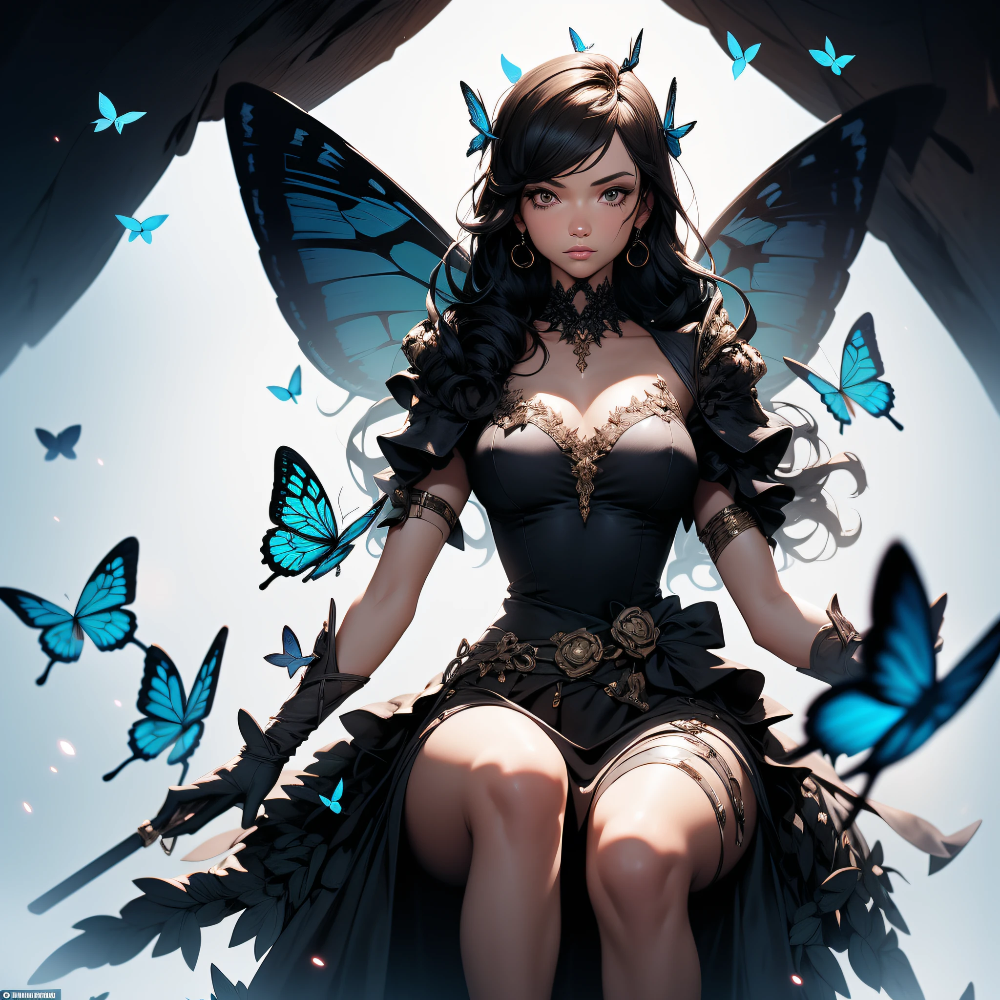 a woman sits on a runway with a ruffled dress and two butterflies on it, in the style of alexander mcqueen, distinctive noses, i can't believe how beautiful this is, rococo-inspired details, white and black, ethereal symbolism, patterns --niji 5 --v 5