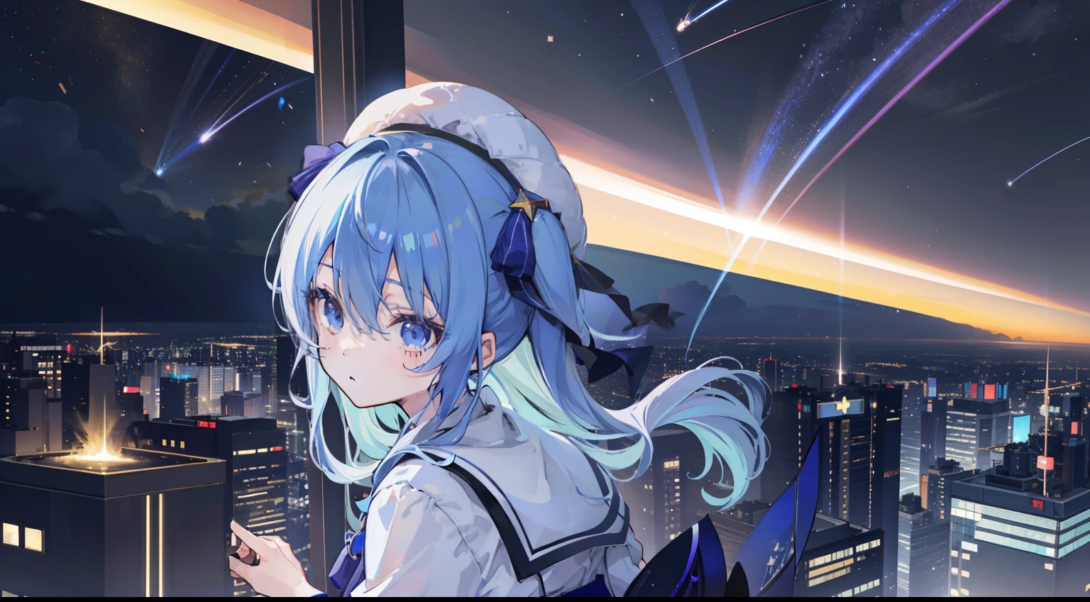Faraway view、1girl, Hoshimachi Suisei(hololive)、masterpiece、top-quality、A Ray of Shooting Star、nighttime scene、skyscraper、On the roof of a high-rise building、