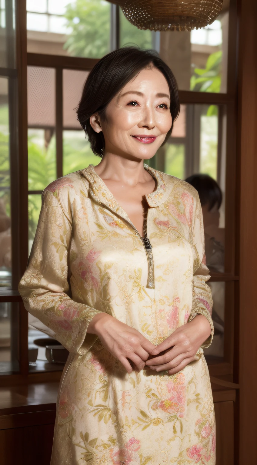 Mature actress, intaglio, Bright environment, (((Sharpen))), (((Hide your hands behind your back))), ultra-realistic realism, {{{masutepiece}}}, {{{Best quality}}}, {{Ultra-detailed}}, {{Extremely Delicately Beautiful}}, Moisturizes eyes, Extremely detailed, ((Natural complexion)), Fancy makeup, lipstick, ((A MILF)), ((Hide your hands behind your back)), A MILF, ((masutepiece)), top-quality, high-level image quality,16 k, (Emphasis on the chest), (A sexy), ((staring at this)), 90 years old,