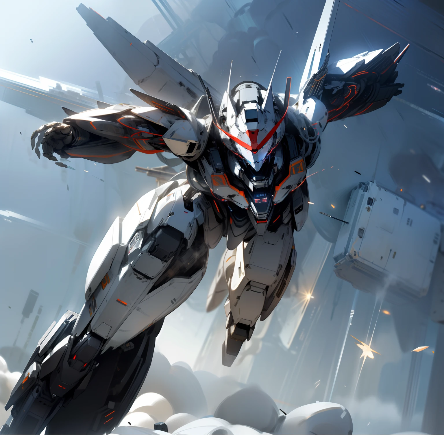 mechs，(Cold+cold shades),sense of science and technology，(Lunar crater+Sense of environment), (karo+blasts+Light+Bullet rain:1.2+nighttime scene), (Silver mech+white color mecha+Silver mech:1.3)（the white tiger）