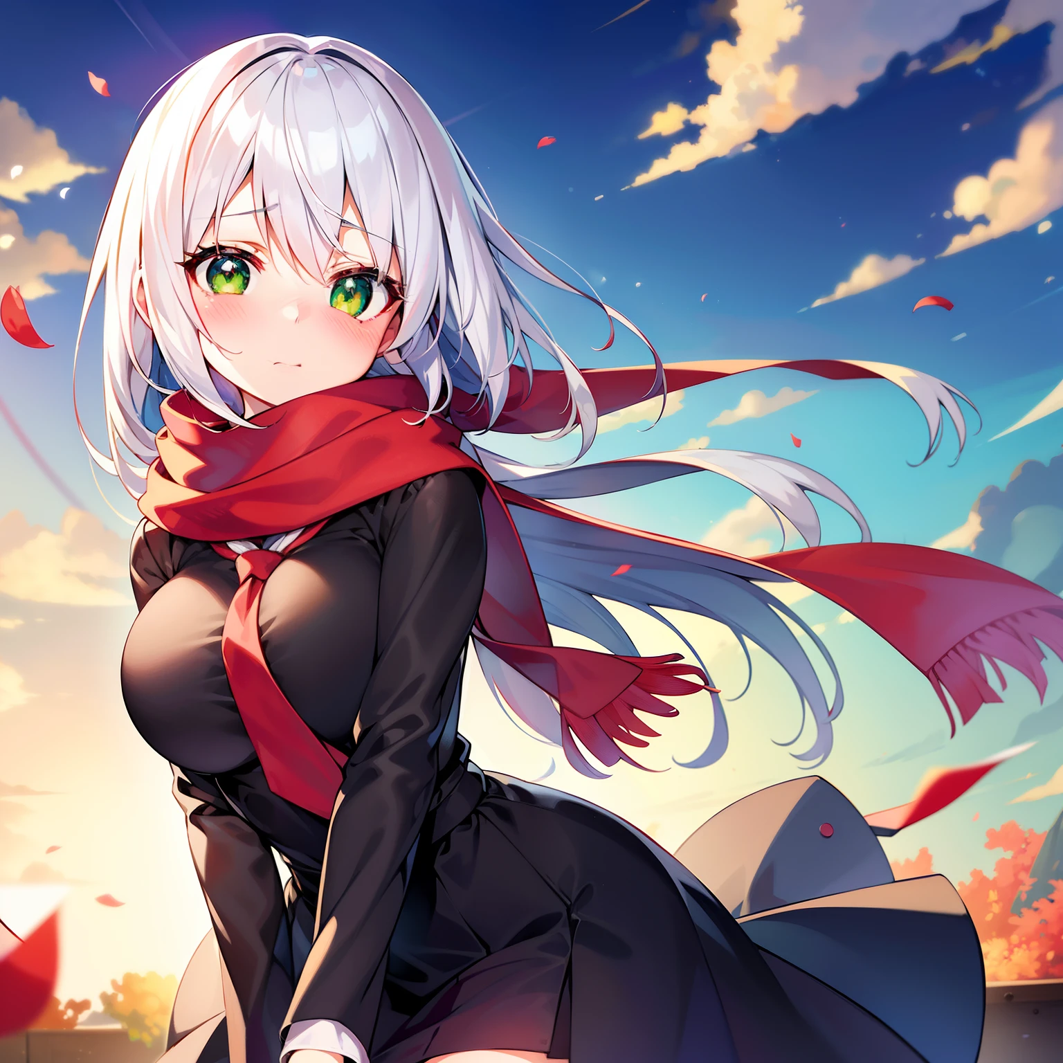 top-quality、ultra-detailliert、Anime Art、An ultra-high picture quality、Super cute 1 girl、white hair、Green eye、Cheeks red、red blush、Embarrassment、Hide your mouth with a red scarf、large full breasts、Dress warmly、Heart in the pupil、a black skirt、Tie your hair at the shoulders、bobhair