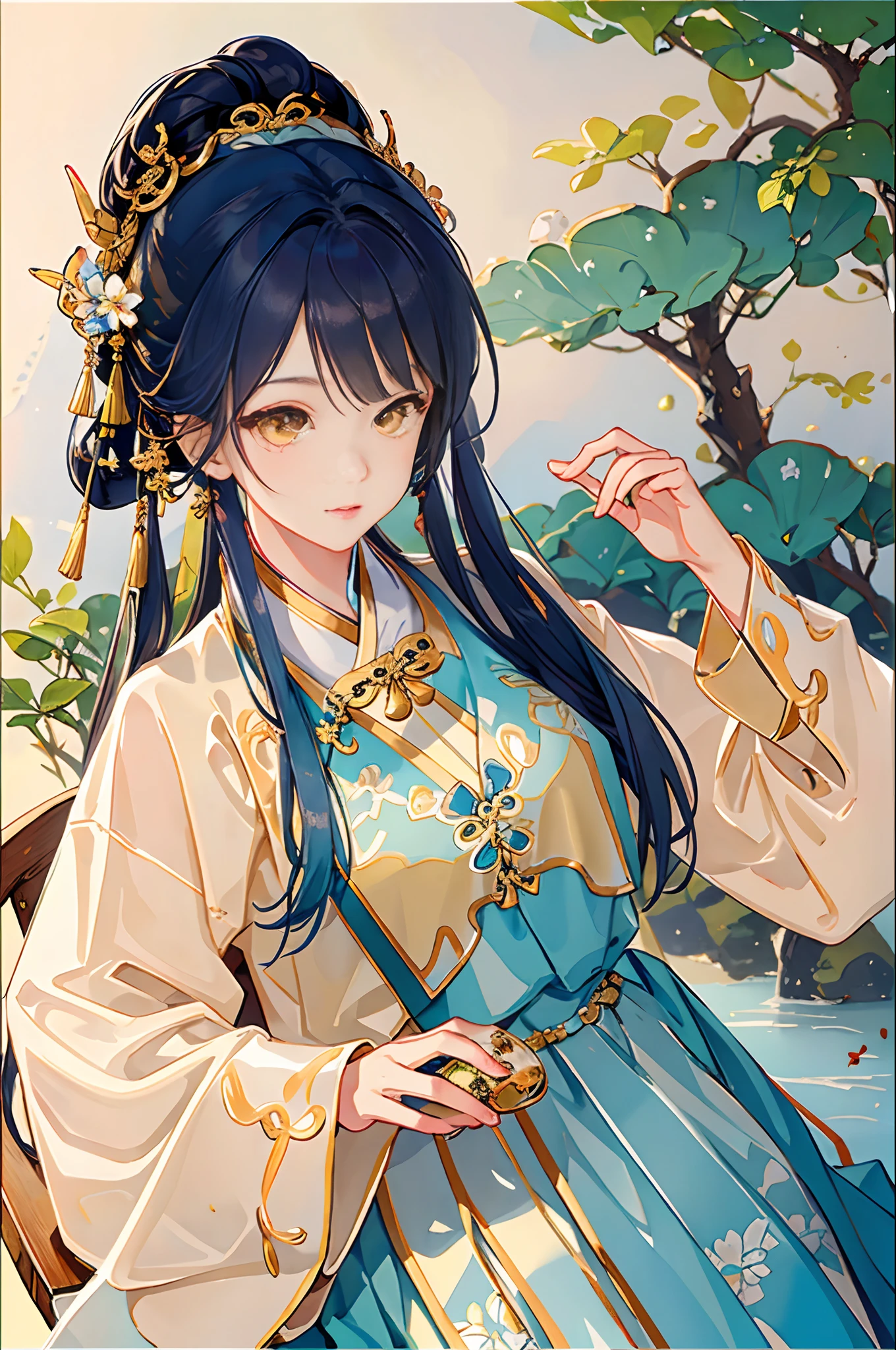 Best quality at best，Complicated details，A high resolution，（beautiful detailed  water：1.4），（Hanfu，Tang Feng），Yellow eyes，（Girl in a glass jar：1.1），drinking milktea