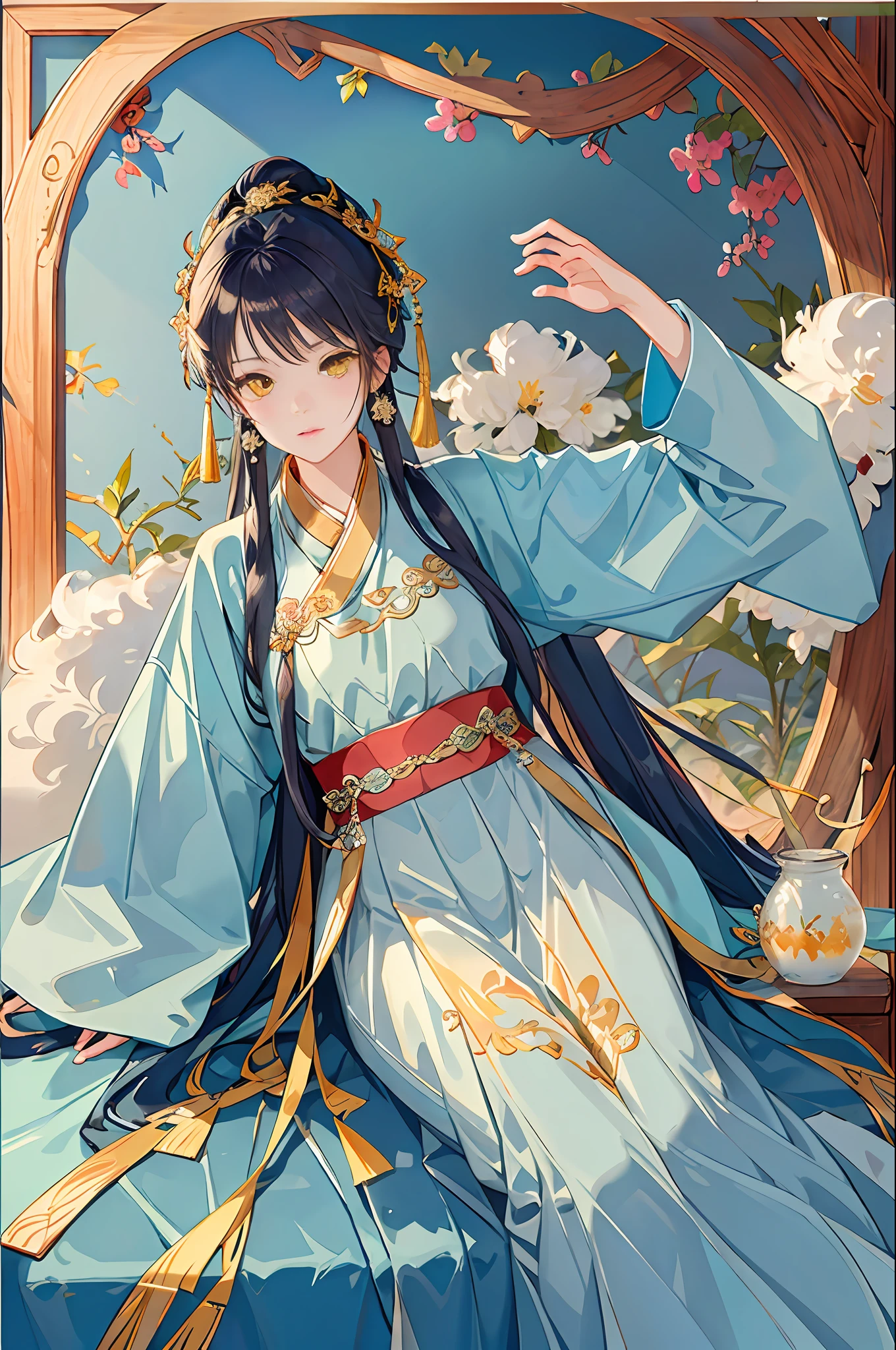 Best quality at best,Complicated details,A high resolution,(beautiful detailed water:1.4),(Hanfu,Tang Feng),Yellow eyes,(Girl in a glass jar:1.1),drinking milktea