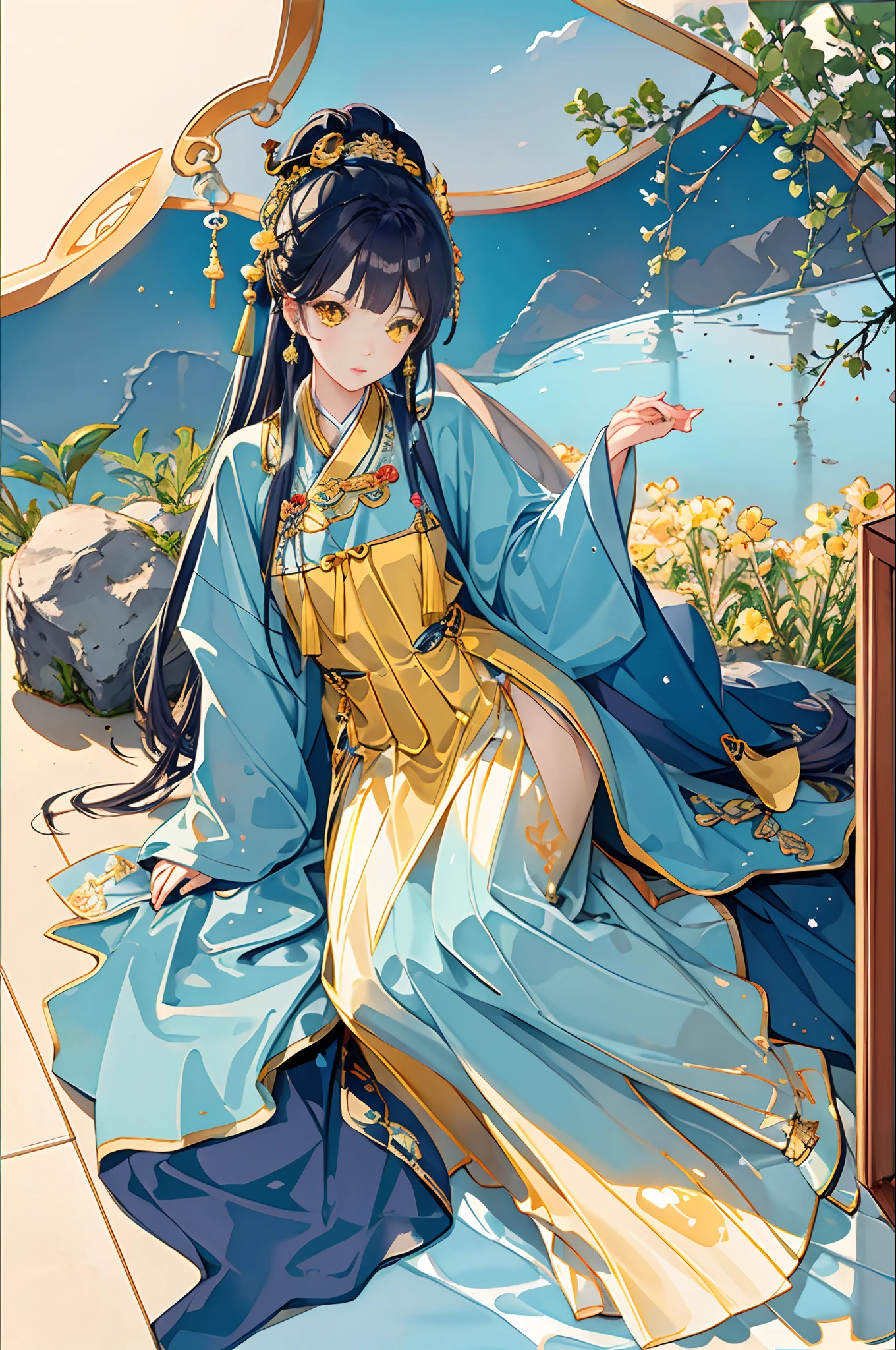Best quality at best,Complicated details,A high resolution,(beautiful detailed water:1.4),(Hanfu,Tang Feng),Yellow eyes,(Girl in a glass jar:1.1),drinking milktea