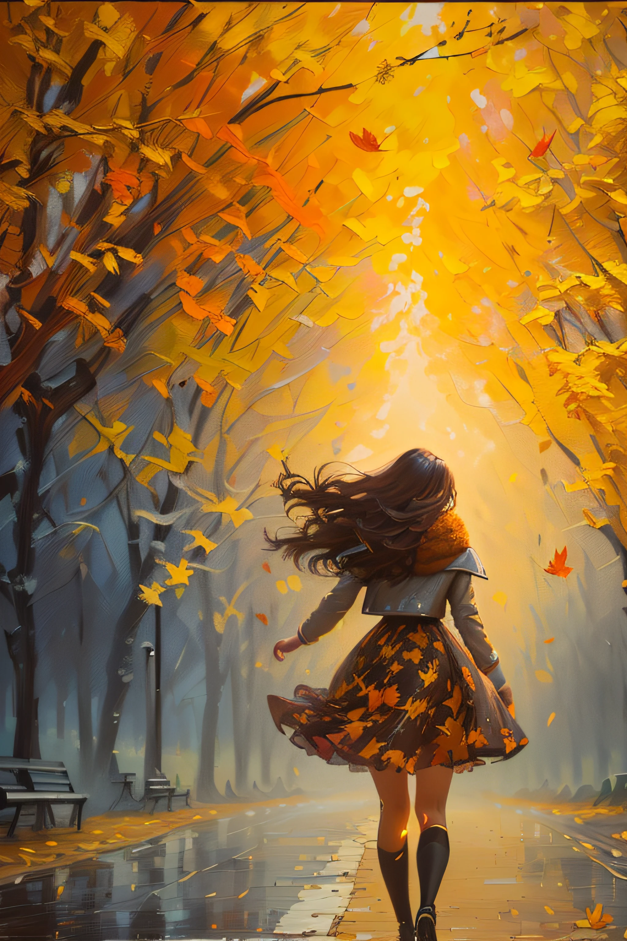 painting of a woman walking down a street in a park, autumn wind, beautiful autumn spirit, beautiful art uhd 4 k, wind blows the leaves, beautiful art, artistic. alena aenami, autumn light, at sunset in autumn, painting of beautiful, melancholy autumn light, girl walking in forest, gorgeous art, emotional oil painting, wind blowing leaves