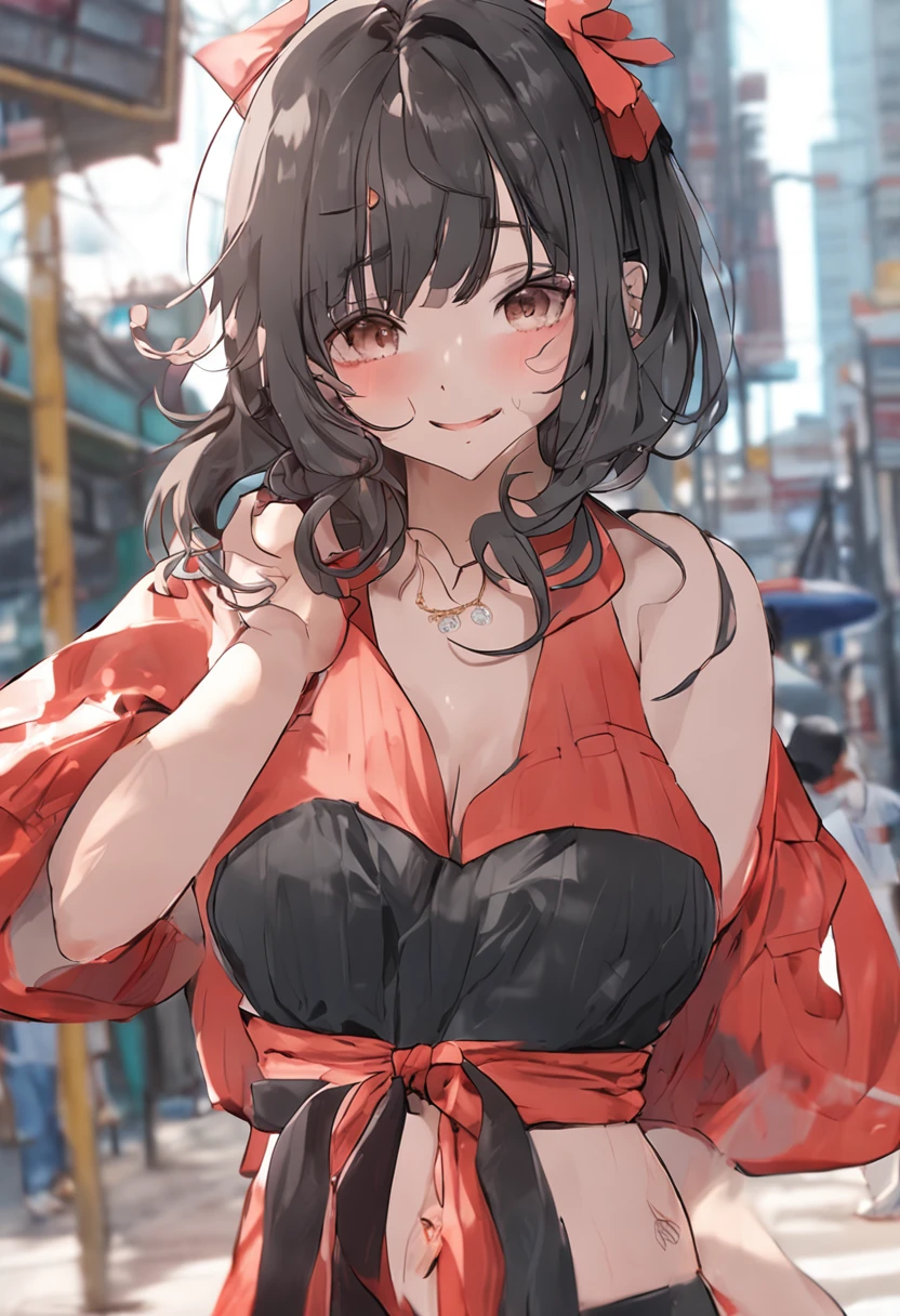 (top-quality、8k、masterpiece:1.3)、Cute girl with perfect body shape:1.4、(High school students、10 generations)、A dark-haired、(bangss:1.2)、The bikini、In the street、extremely detailed face and skin、A detailed eye、二重まぶた、Colossal breasts、a smile