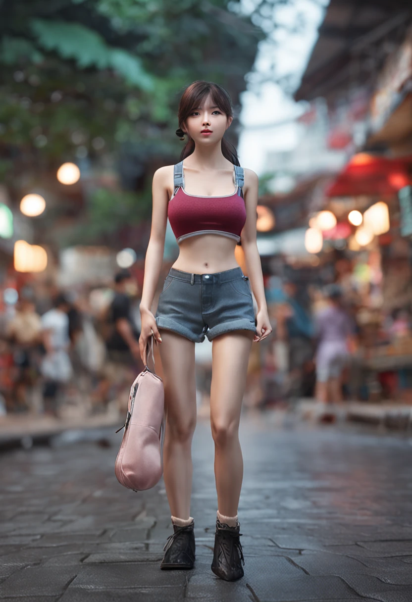 (top-quality、8k、masterpiece:1.3)、Cute girl with perfect body shape:1.4、(High 、10 generations)、A dark-haired、(bangss:1.2)、The bikini、In the street、extremely detailed face and skin、A detailed eye、二重まぶた、Colossal breasts、a smile
