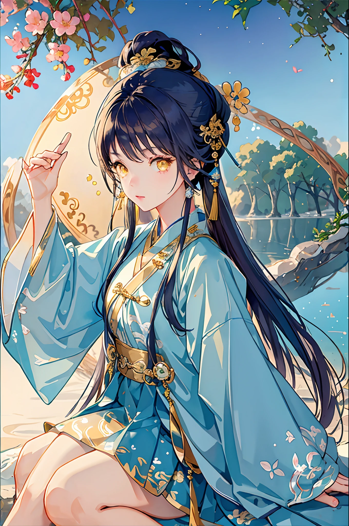 Best quality at best，Complicated details，A high resolution，（beautiful detailed  water：1.4），（Hanfu，Tang Feng），Yellow eyes，（Girl in a glass jar：1.1），drinking milktea