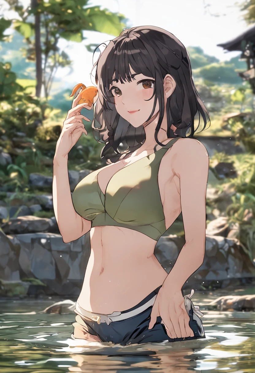 (top-quality、8k、​masterpiece:1.3)、Cute girl with perfect body shape:1.4、(High 、10 generations)、A dark-haired、(bangss:1.2)、The bikini、inside hot spring、extremely detailed face and skin、A detailed eye、二重まぶた、Colossal breasts、a smile