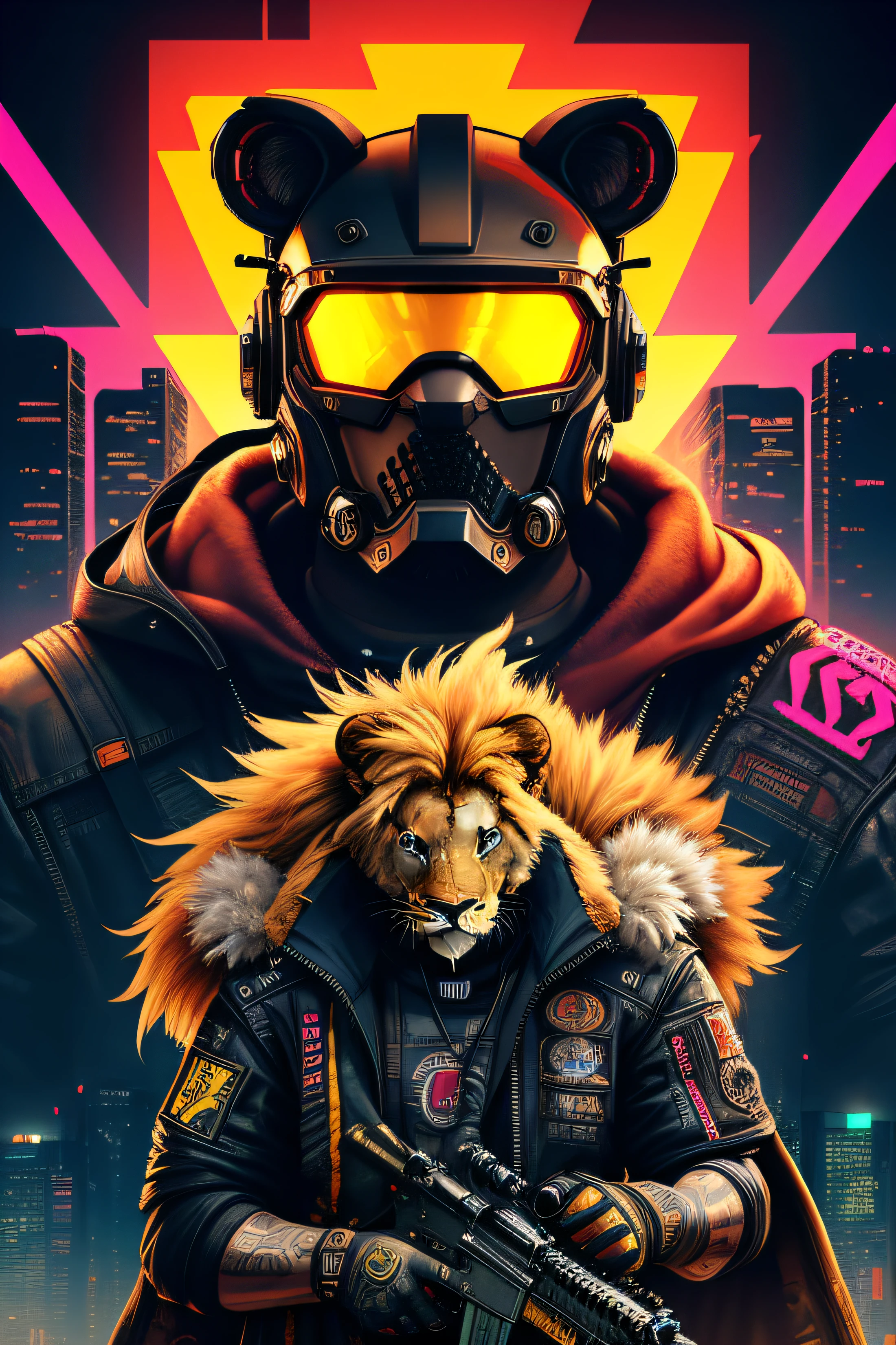 a poster of a lion head, lion face, gunner, gunbreaker, neonpunk, cyberpunk face, gungnir, gmunk, cyberpunk style color, cyberpunk futuristic neon, gunbroker, glitchpunk, cyberpunk soldier, cmyk portrait, in style of apex legends, cyberpunk gunma prefecture, cyberpunk vibrant colors, gunslinger, hardcore, strong enegry image, color cool,