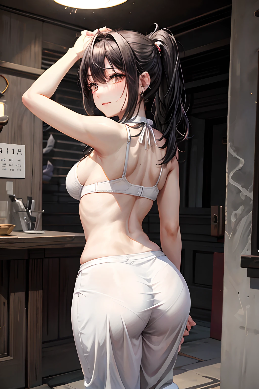 realisitic、top-quality、 1 人、28 year old、Black hair, ponytail、piercings、shy face、sexy bra、beautiful boob 、sexy pose、Dark night sea and sandy beach、outside of house、Particles of light、profetional lighting、llight rays、wall-paper, formal pants, showing amazing ass, bend over, pant pulled so tight , visible of lining