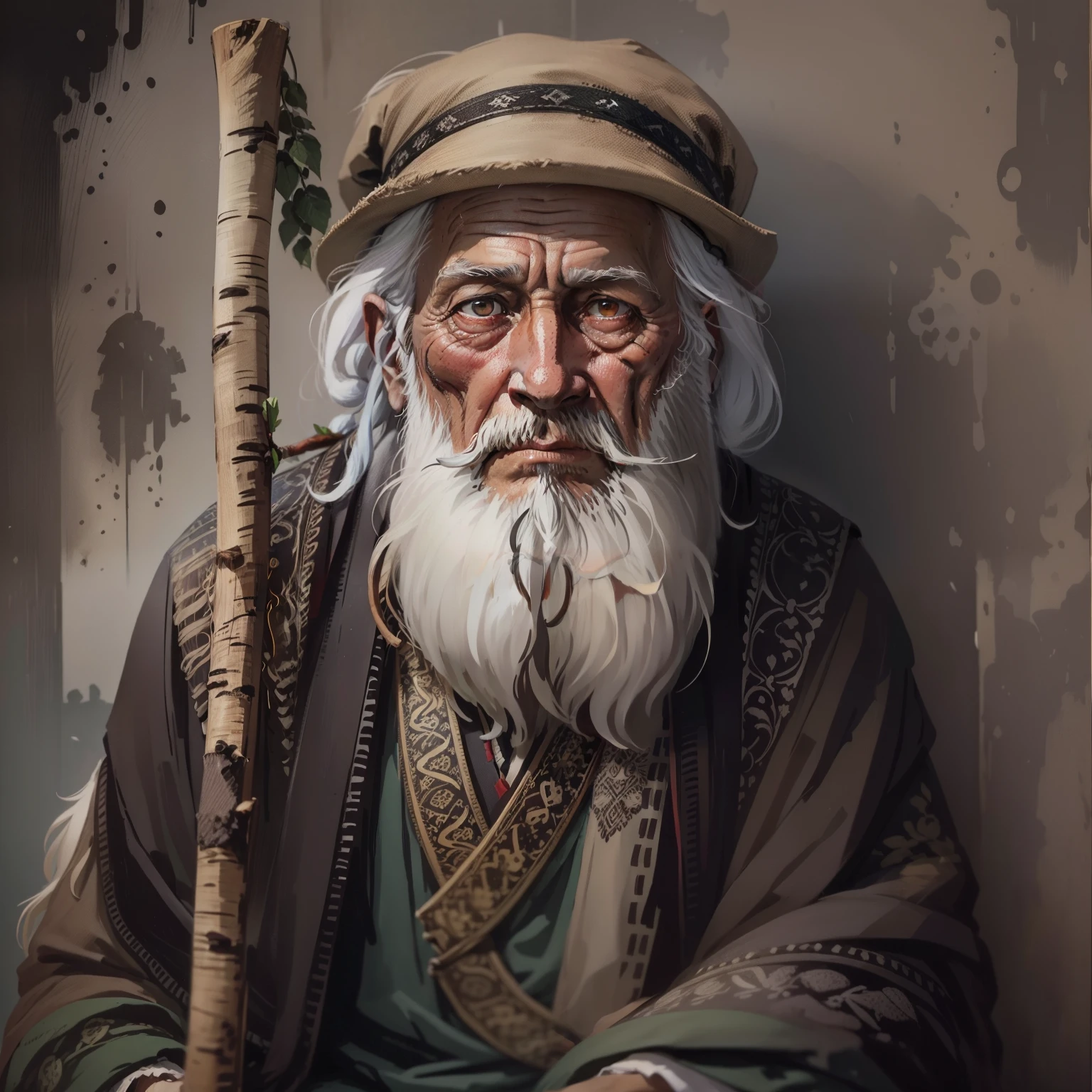 with a long beard，An Arafeld man wearing a hat with a stick, An old man, old man portrait, sharp looking portrait, peaceful expression, Wise old man, stunning portrait, Beautiful portrait, portrait photo of an old man, old man, a old man, Serene expression, portrait of monk, of an old man, Portrait of an old man, Perfectly centered portrait