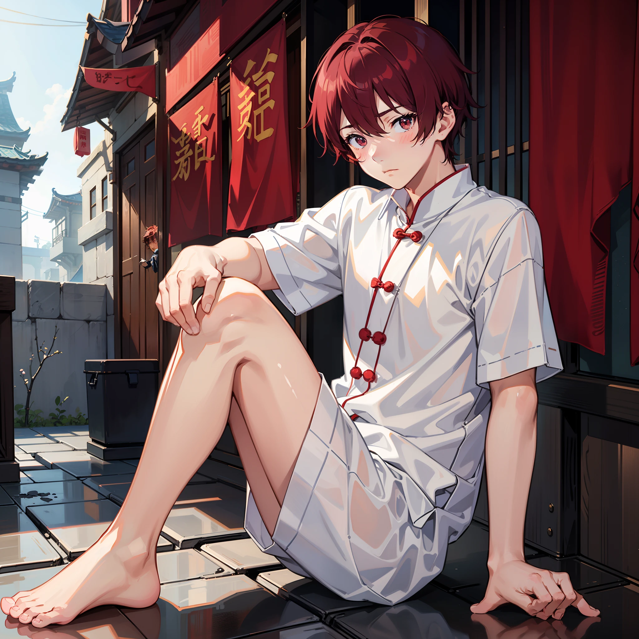 ((A boy))，（Red hair like red jade.)（Neptune's red hair)，adorable captivating，in a white shirt，He looked sad，Barefoot，sat on the ground。The blush gradually rises，Shy, But handsome。The picture style is fresh and simple，Rendered like a comic，The lens is shown as a vista，(Anime style+Soft cute)，anatomically correct，accurateNeptune's red hair，The style of Chinese courtyard,（Jiangnan Huizhou architecture),, animation coloring,Clothes are loose and muscles are exposed.((A boy))，adorable captivating，in a white shirt，He looked sad，Barefoot，sat on the ground。The blush gradually rises，Shy, But handsome。The picture style is fresh and simple，Rendered like a comic，The lens is shown as a vista，（Anime style+Soft cute），Anatomically correct，Accurate，((A boy))，adorable captivating，in a white shirt，He looked sad，Barefoot，sat on the ground。The blush gradually rises，Shy, But handsome。The picture style is fresh and simple，Rendered like a comic，The lens is shown as a vista，(Anime style+Soft cute)，anatomically correct，accurate，masterpiece, best quality, high quality, 1boy, solo, male focus, looking at viewer, upper body, ogata_shuu，