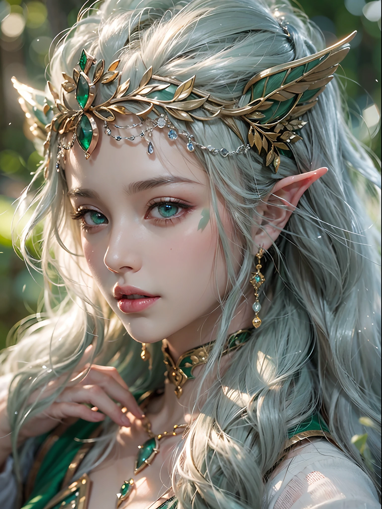 Elf Princess,ln the forest,Platinum hair accessories,(Photorealistic:1.4), (Masterpiece, side-lighting, fine detailed beautiful eyes: 1.2), Masterpiece*Portrait, Realistic, The face is delicate, Glowing eyes, Shiny hair, Shiny real skin, Solo, embarressed, (midriff),(super-fine),Detailed pubic hair,Accurate,(Works of masters),(best qualtiy),8K分辨率,A half body,dynamic viewing angle,Emerald green hair