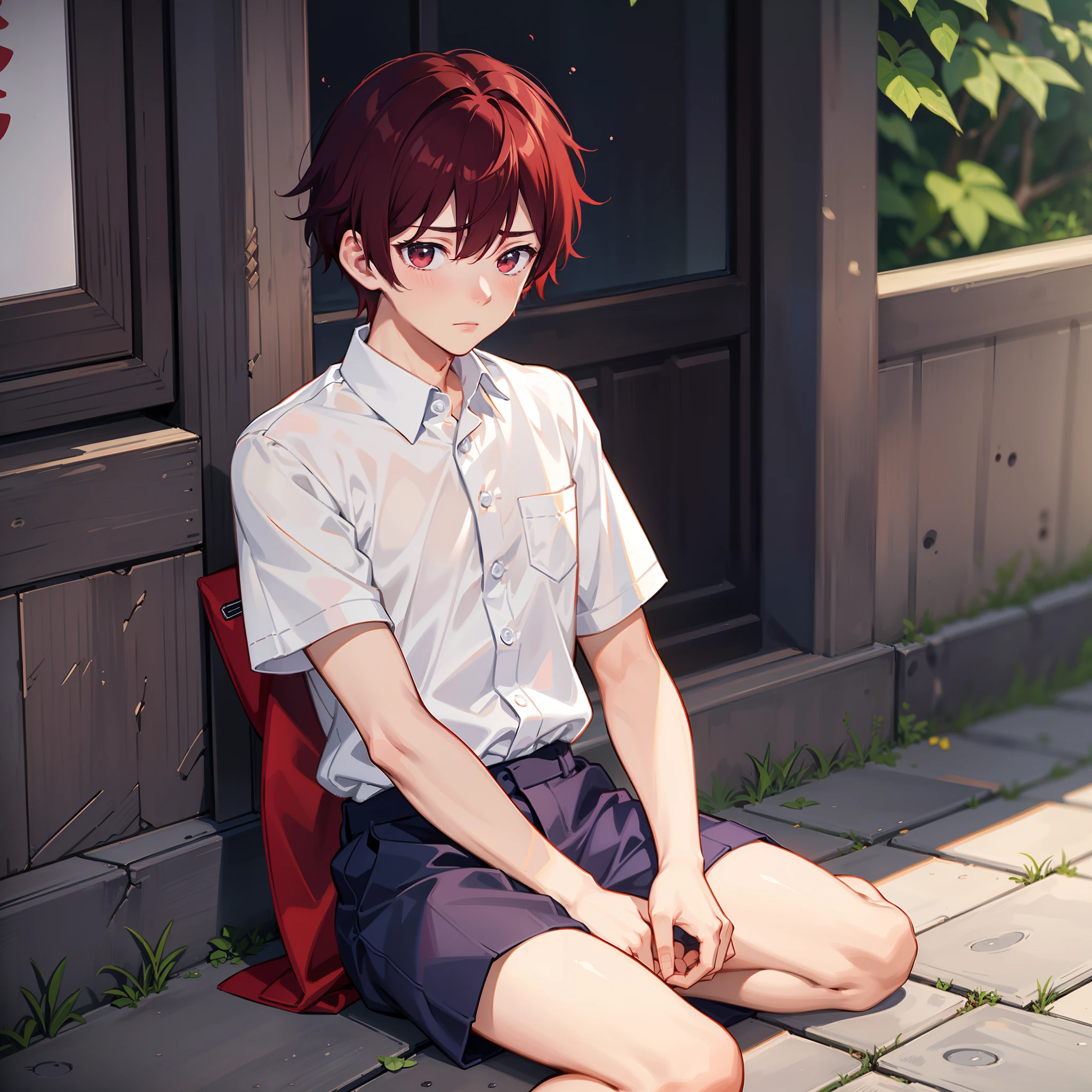 (Red hair in the moon),((A boy)),adorable captivating,in a white shirt,He looked sad,Barefoot,sat on the ground。The blush gradually rises,Shy, But handsome。The picture style is fresh and simple,Rendered like a comic,The lens is shown as a vista,(Anime style+Soft cute),anatomically correct,accurateNeptune's red hair,The style of Chinese courtyard,(Jiangnan Huizhou architecture),, animation coloring,Clothes are loose and muscles are exposed.((A boy)),adorable captivating,in a white shirt,He looked sad,Barefoot,sat on the ground。The blush gradually rises,Shy, But handsome。The picture style is fresh and simple,Rendered like a comic,The lens is shown as a vista,(Anime style+Soft cute),Anatomically correct,Accurate,((A boy)),adorable captivating,in a white shirt,He looked sad,Barefoot,sat on the ground。The blush gradually rises,Shy, But handsome。The picture style is fresh and simple,Rendered like a comic,The lens is shown as a vista,(Anime style+Soft cute),anatomically correct,accurate,masterpiece, best quality, high quality, 1boy, solo, male focus, looking at viewer, upper body, ogata_shuu,