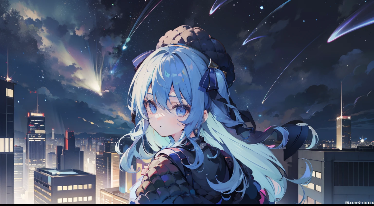 Faraway view、1girl, Hoshigai Suisei、masterpiece、top-quality、A Ray of Shooting Star、nighttime scene、skyscraper、On the roof of a high-rise building、