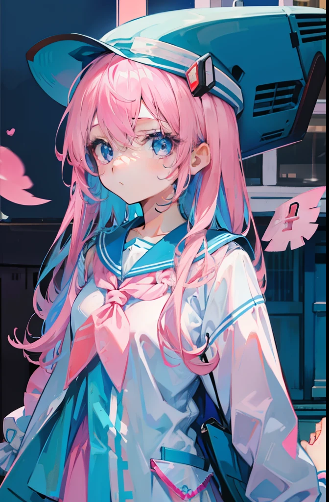 light pink colored hair,Powder-blue pupils,Pink and blue sailor suits,Fair and flawless sweet loli girl