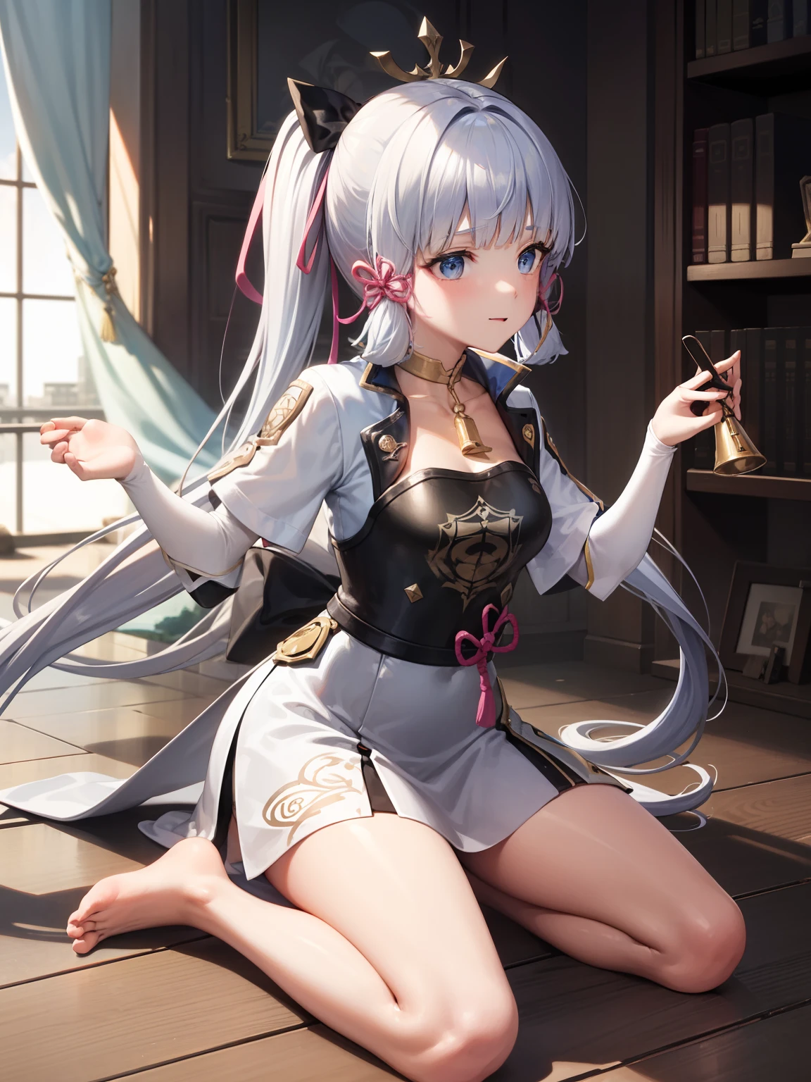 best qualtiy,tmasterpiece,8K,extra detail,。((1girll)),(whaite hair,Wavy,long whitr hair,Curly double tail),red - eyed,Side face,(((A whole body)),white dresses,(White coat),long leges,The barefoot,。((sitimetalcage)),Prismatic metal cage,Hold a black key,White stockings