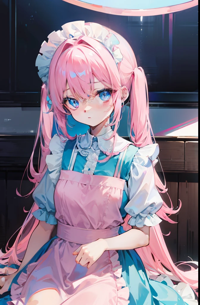light pink colored hair,Powder-blue pupils,Pink and blue maid outfits,Fair and flawless sweet li girl