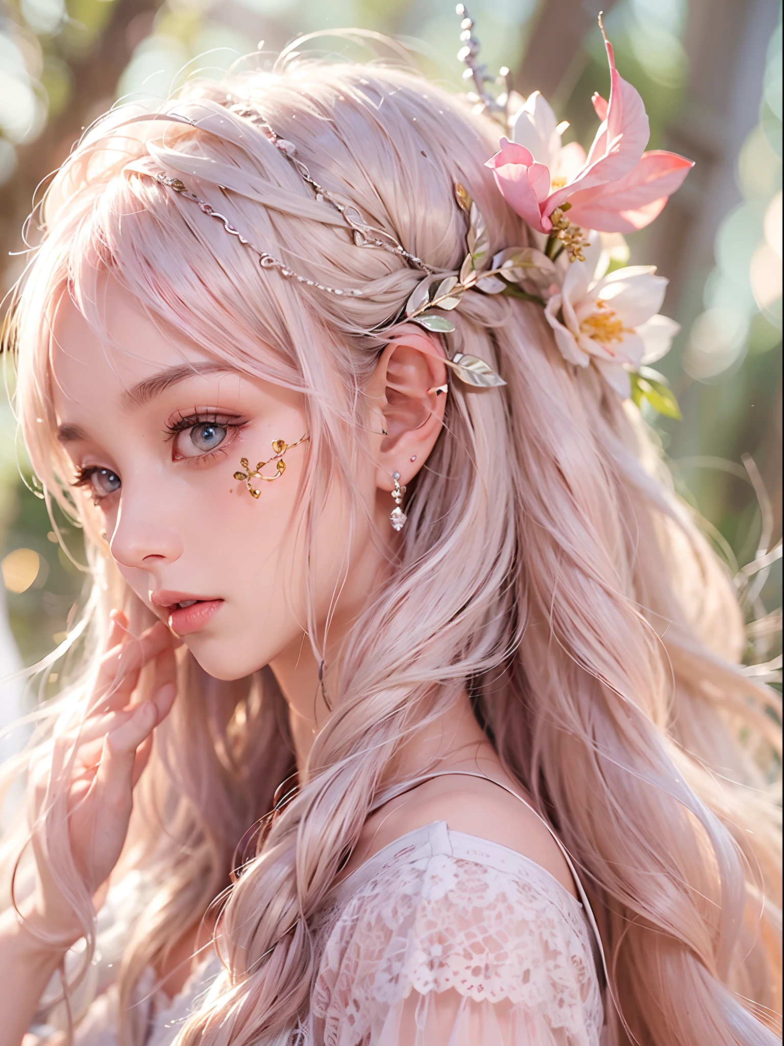 Elf Princess,ln the forest,Platinum hair accessories,(Photorealistic:1.4), (Masterpiece, side-lighting, fine detailed beautiful eyes: 1.2), Masterpiece*Portrait, Realistic, The face is delicate, Glowing eyes, Shiny hair, Shiny real skin, Solo, embarressed, (midriff),(super-fine),Detailed pubic hair,Accurate,(Works of masters),(best qualtiy),8K分辨率,A half body,dynamic viewing angle,light pink colored hair