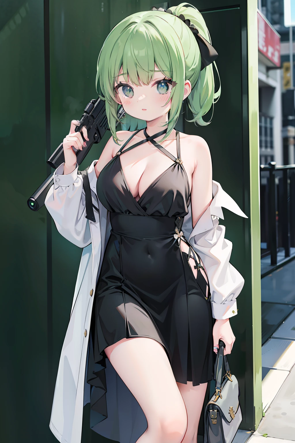 Gun on shoulder girl one standing all over green double ponytail hair off-the-shoulder big V-neck bare chest gray midi dress gray high heels