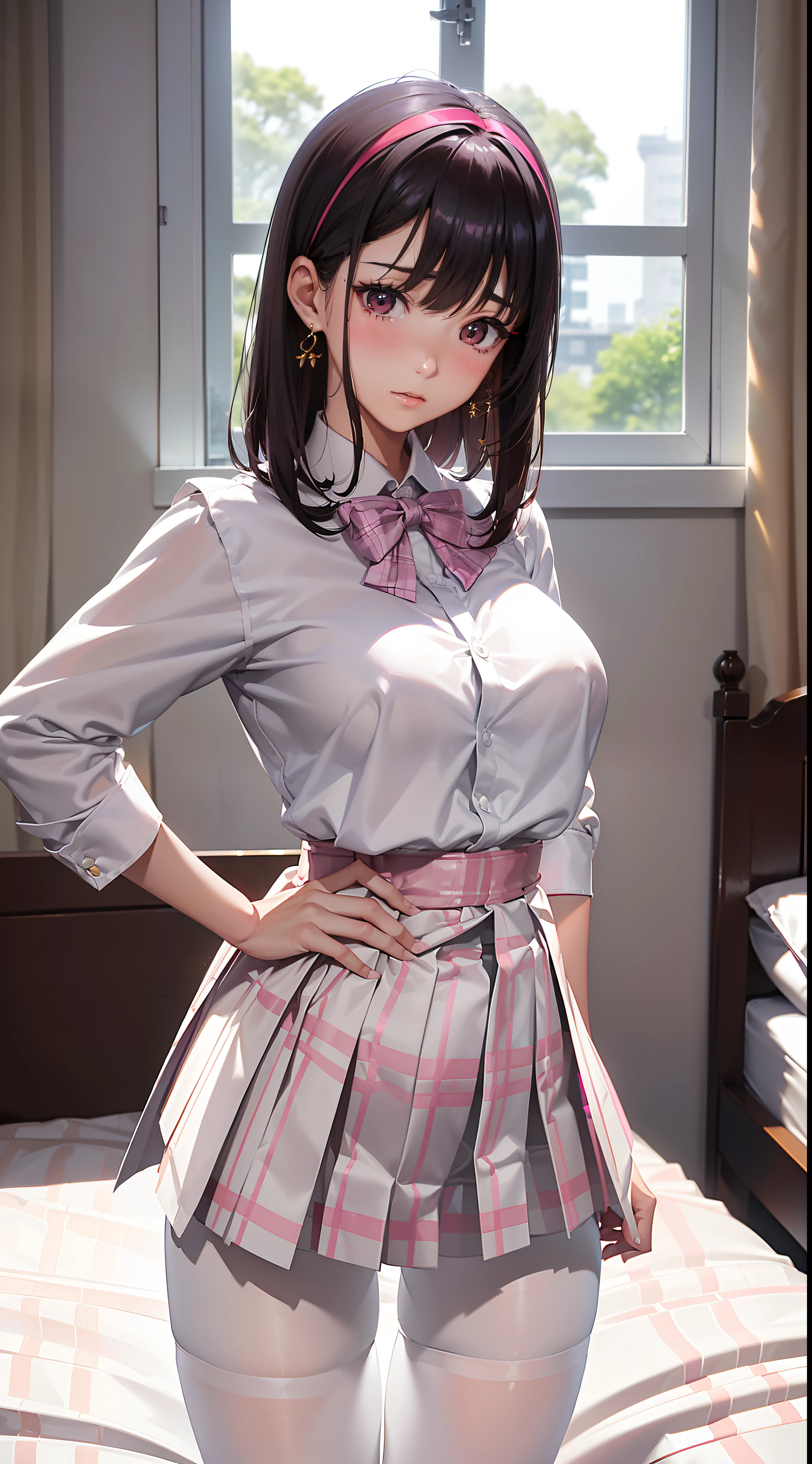 Manhwa Style,Naughty sister type,(High-quality characters:1.2),(4K:1.1),(Exquisite facial features:1.2),(Accurate human body perspective:1.2),Glossy face,(Directly rear view:1.2),(The complexion is very fair:1.3),(sophisticated haircut:1.1),(Orange gradient and purple bar dyeing:1.1),(Thin leg:1.2),(big breasts thin waist:1.2),(Small breasts:1.2),(Protruding nipples1.2),(1个Giant Breast Girl:1.1),(-yeld gi1.1),Bow hairpin,White rabbit earrings,校服,white shirt,(White and waist pantyhose:1.3),(Pink pleated plaid skirt:1.2),tiese,(Bend over the bed:1.2),(The other hand reached into the skirt:1.1),Shy blush,Best quality at best