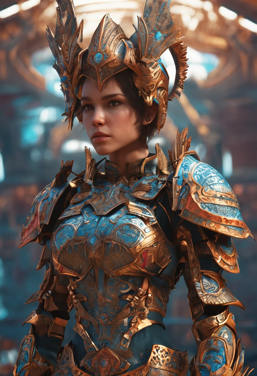 a detailed warrior girl with giant armor full of details and ornaments,beautiful girl with very short hair
