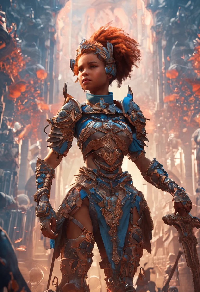 a detailed warrior girl with giant armor full of details and ornaments,beautiful girl with very short hair
