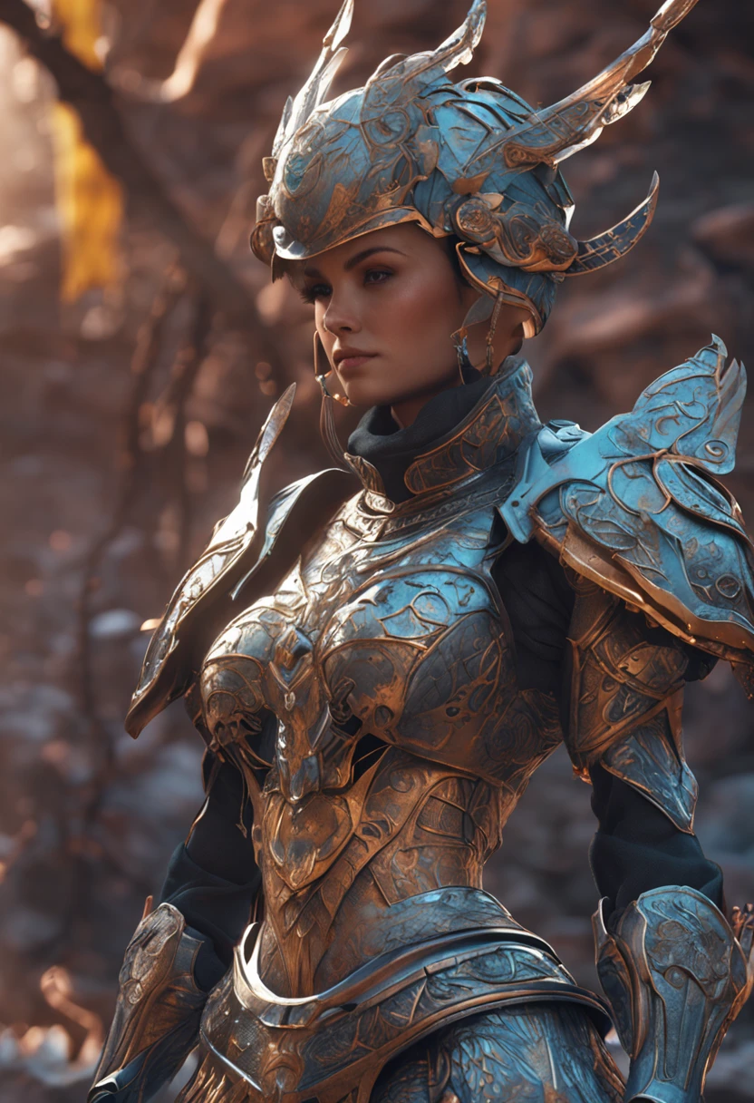 a detailed warrior girl with giant armor full of details and ornaments,beautiful girl with very short hair