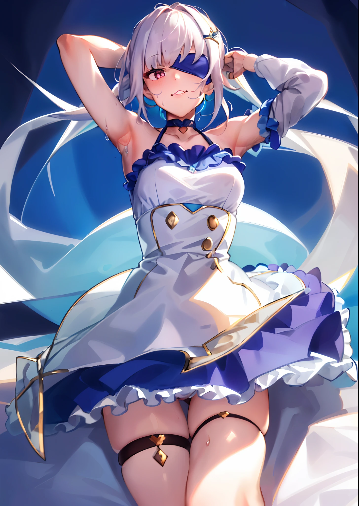 Masterpiece, (1 Girl:1.3), Apron, Bow, Cube hair ornament, Dress, Ruffles, Teasing (facial expression), Hair ornament, Long hair, (Look into your eyes), Maid, Maid apron, Maid headdress, Mary Janes, One side up, Pink eyes, Shaded face, Shoes, Short dress, Solo, Sweat drops, Thighs, White thighs, Middle chest, Hands on hips, Portrait, Take off panties, ponytail with bow, shawl uniform, white big bow, eye contact, lifted skirt, (on all fours)), (white bow)), eye contact, lifted skirt, (((visible panties)), lace panties, masterpiece, (((detailed fingers))best quality, highly detailed, masterpiece, best quality, 1girl, solo, barefoot, blue shirt, long sleeves, blush, feet, toes, looking at viewer, , Naked, NSFW, (high resolution), (masterpiece:1.6, best quality), (finely detailed beautiful eyes: 1.2), ultra-detailed, (extremely detailed CG unity 8k wallpaper), (masterpiece), (best quality), (ultra-detailed), (best illustration), (best shadow), (absurdres), (detailed hand), solo, looking at viewer, smile, presenting armpit, armpit, arm up, lumen reflections, natural lighting, evocative, triadic color scheme, cowboy shot, elegant, voluptuous:0.6, looking at viewer, female, solo, blush, open mouth, smile, teeth, bare shoulders, arms behind head, navel, solo, barefoot, looking at viewer, thighs, parted lips, arms up, topless, 1girl, armpits, (small breasts), ((naked)) (nipples), Exposed side breasts, raised arms showing sweaty armpits, shy, (intricate details), colorful, full-body portrait, capture excellent full-body shots, (white bed sheet:1.2), dakimakura, lying on bed, detailed feet, on back, (crotch), (groin), (finely detailed eyes and detailed face:1.3), (skindentation), lustrous skin, wide hips, anime nose, toddler face, (tsurime:1.3, eyeliner, sharp eyelashes:1.2, solid eyelid), messy hair, unkempt, (wet body), (dripping sweat), choker, bare shoulders, see-through, emotionless face, naughty face, blindfold, heart-shaped pupils,