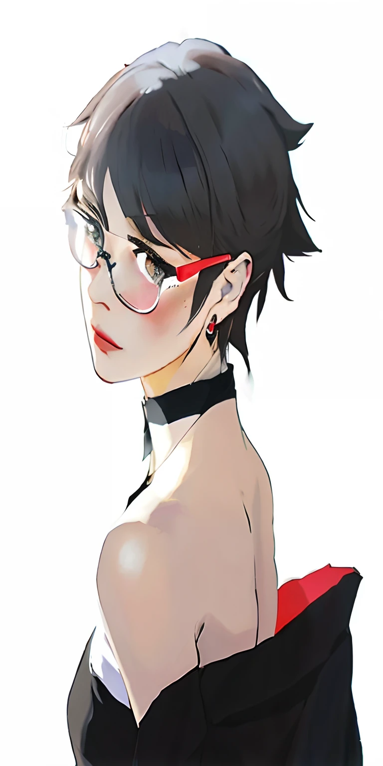 a woman with glasses and a black dress is looking at something, persona 5 art style wlop, makoto, makoto kano, kuvshinov ilya, persona art style, yayoi kasuma, best anime character design, profile of anime girl, kuvshinov, anime style”, persona 5 style, female anime character, persona 5 artwork