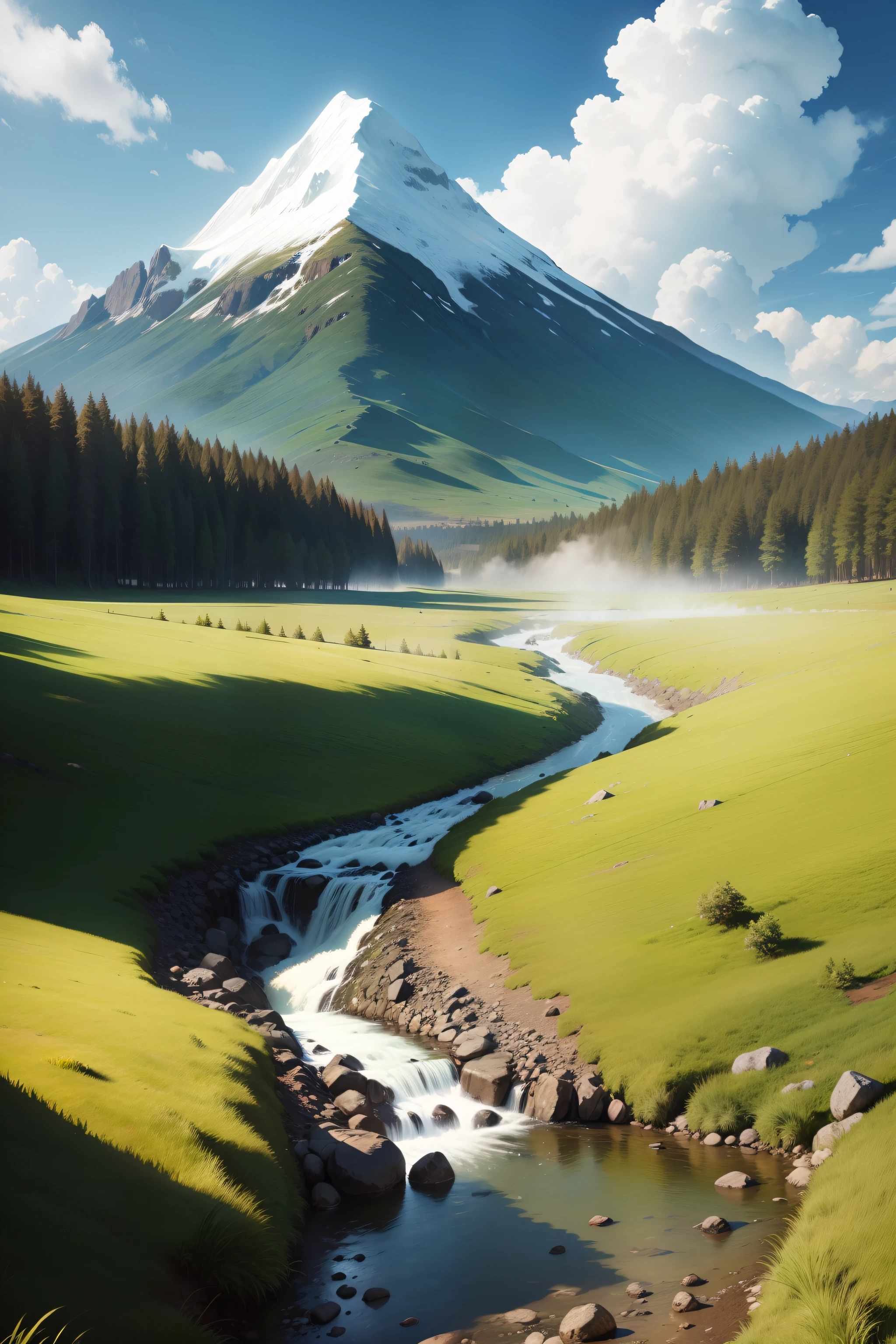 grass field,Big Mountain,with blue sky and white clouds,small stream