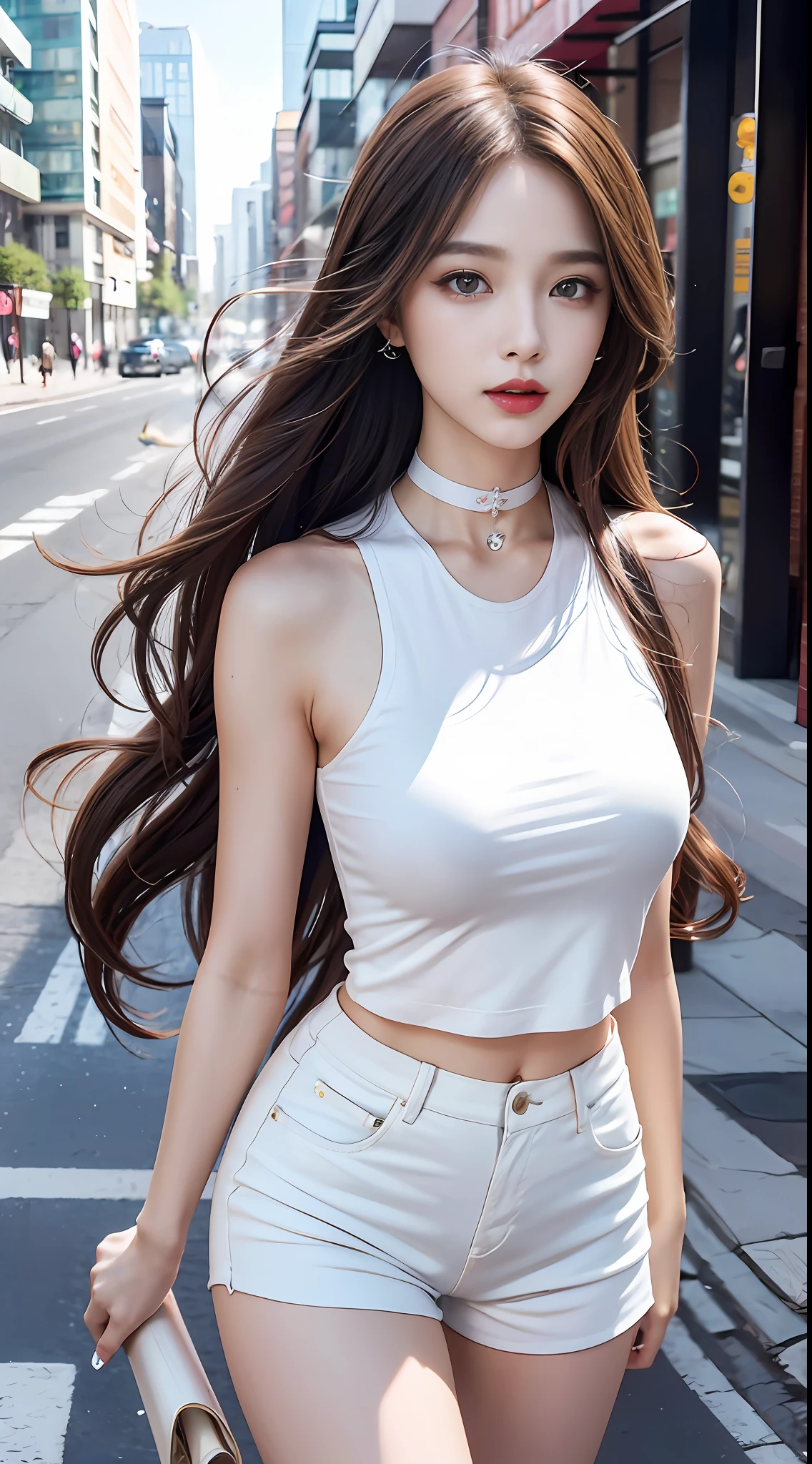Urban Beautiful Girl College Student,tmasterpiece,Light makeup,Redlip,Silvery hair,Messy long hair,streets background,gracefulness,elegance。ultra fine detailed,Works of masters,Authentic texture,Cinematic lighting realism,perfect works,8k,k hd,Delicate facial features,White tight open-cut top,Face of the country,Clear white skinny shorts,Slim figure,big bright eyes,Smooth skin,eardrop,choker necklace,Tattooed with