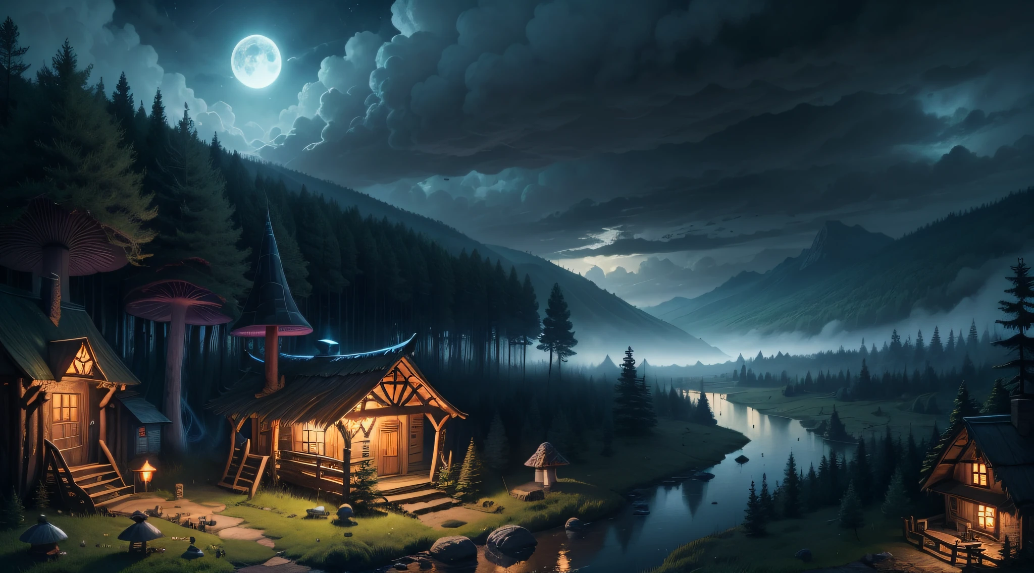 Wizard shack in a mystical forest with large mushrooms, lush forest background, wooden shack with smoke coming out the chimney, nearby river with tall grass and fireflies, Bright moon with cloudy skies, wide angle shot, shot from the sky