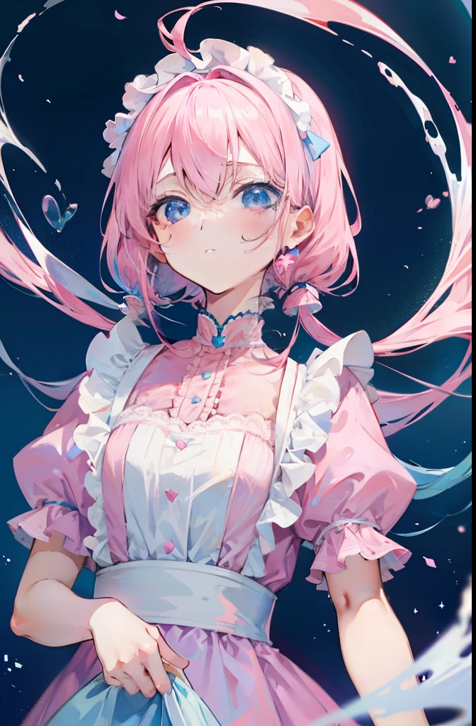 light pink colored hair,Powder-blue pupils,Wear pink and blue maid outfits,Fair and flawless sweet li girl with