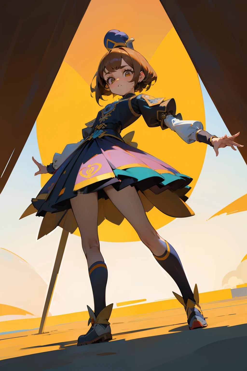 Chica anime, 1chica, short brown hair, ojos marrones hermosos, Cara perfecta, dynamic  pose, Perfect anatomy, cuerpo perfecto, 18yr old, Obra maestra, Full HD, 4k, Unique costume, varios colores, cuerpo completo, character design, Cute little girl, Buen estilo, perspectiva, linda perspectiva, buen dibujo, hermoso dibujo, SFW, colores llamativos, colores armoniosos,