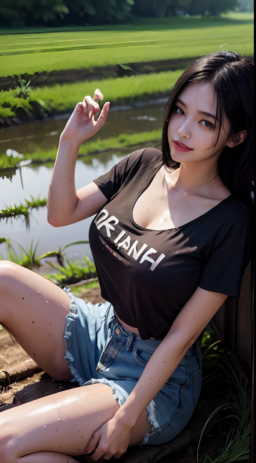 1girl sitting on muddy rice paddy field, ((mud on full body)),((mud on face)), muddy rice field, rice field background, ,(big boobs), cleavage, (( wearing loose thin tshirt and short)),(characters play),looking to camera, smiling,( long black hair),(perfect fingers),(perfect blue eyes),masterpiece collection,seductive random pose,(full body closeup camera view),high resolution, highly detailed,
